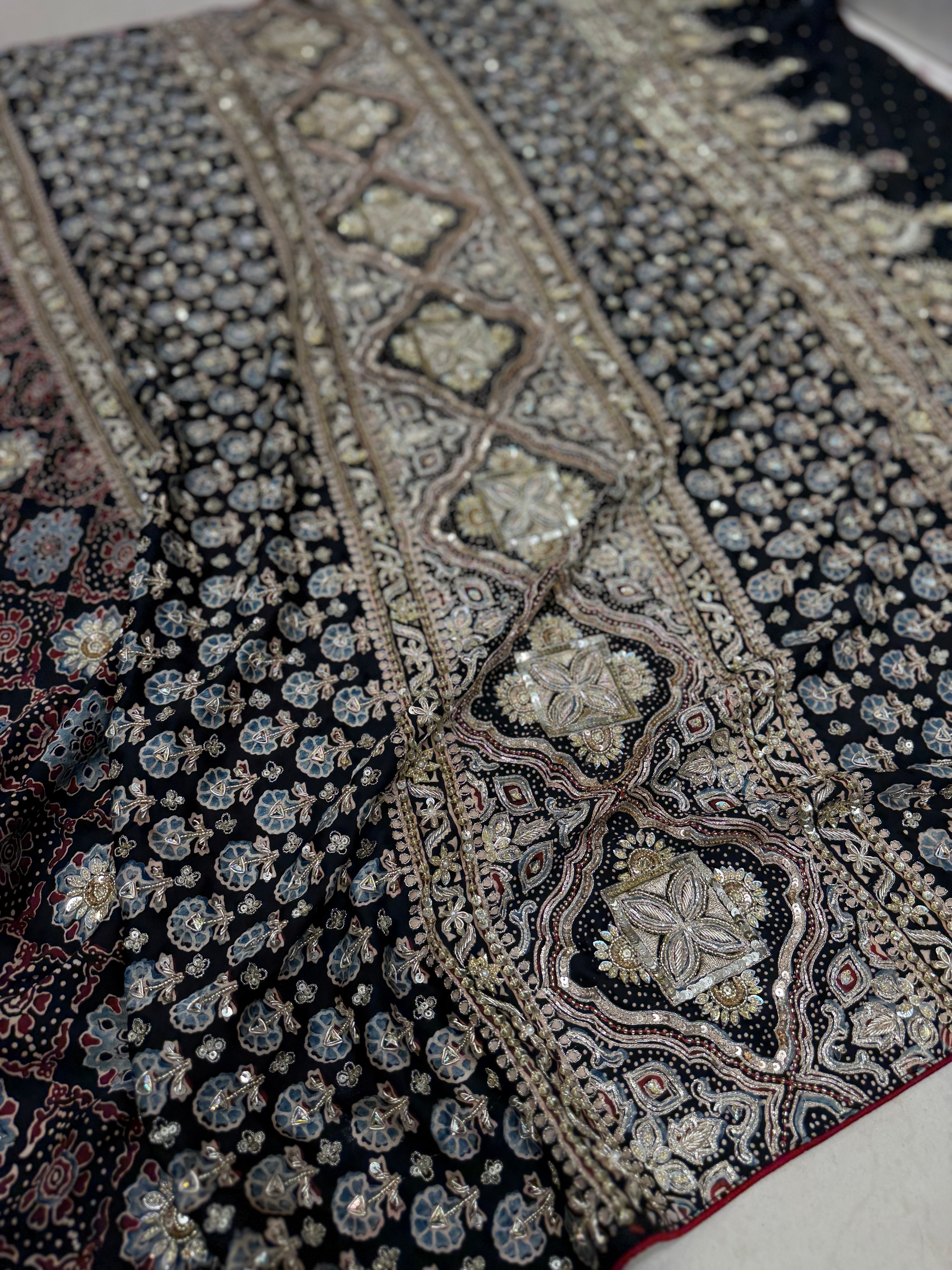 Black Floral Butta Pita Sequin Ajrakh Hand Embroidery Saree
