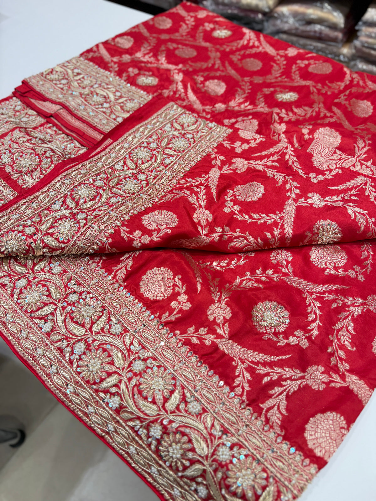 Red Banarasi Handloom Katan Silk Hand Embroidery Zardosi Saree