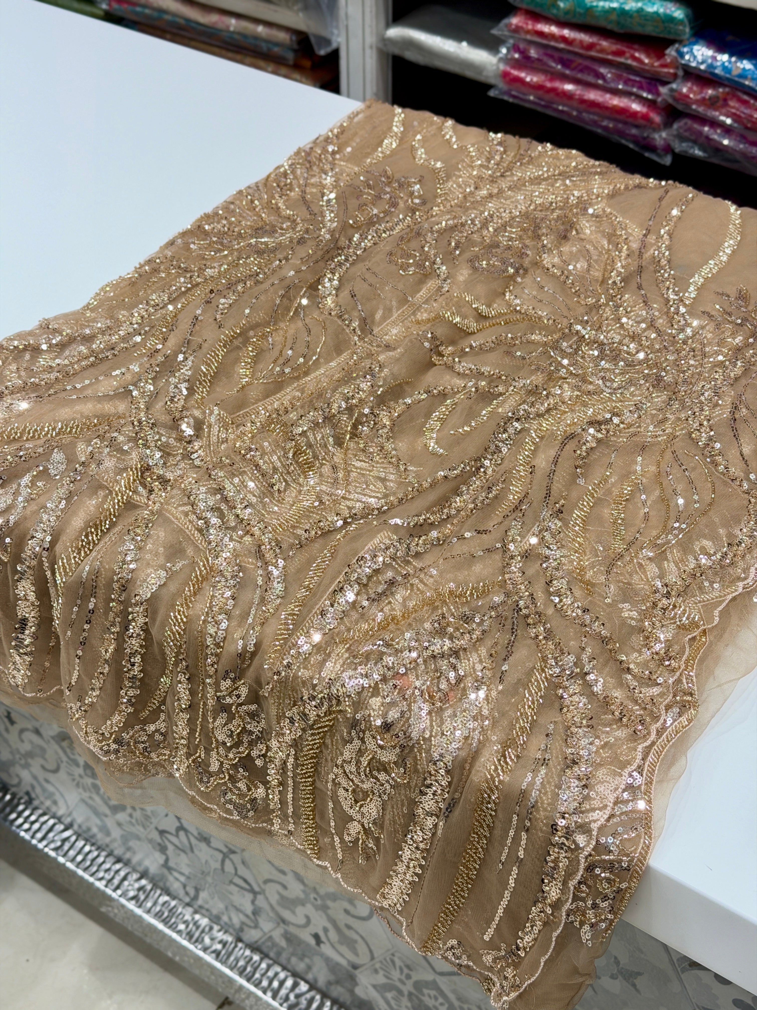 Champagne Gold Net Embroidery Moti Sequin Jaal Saree