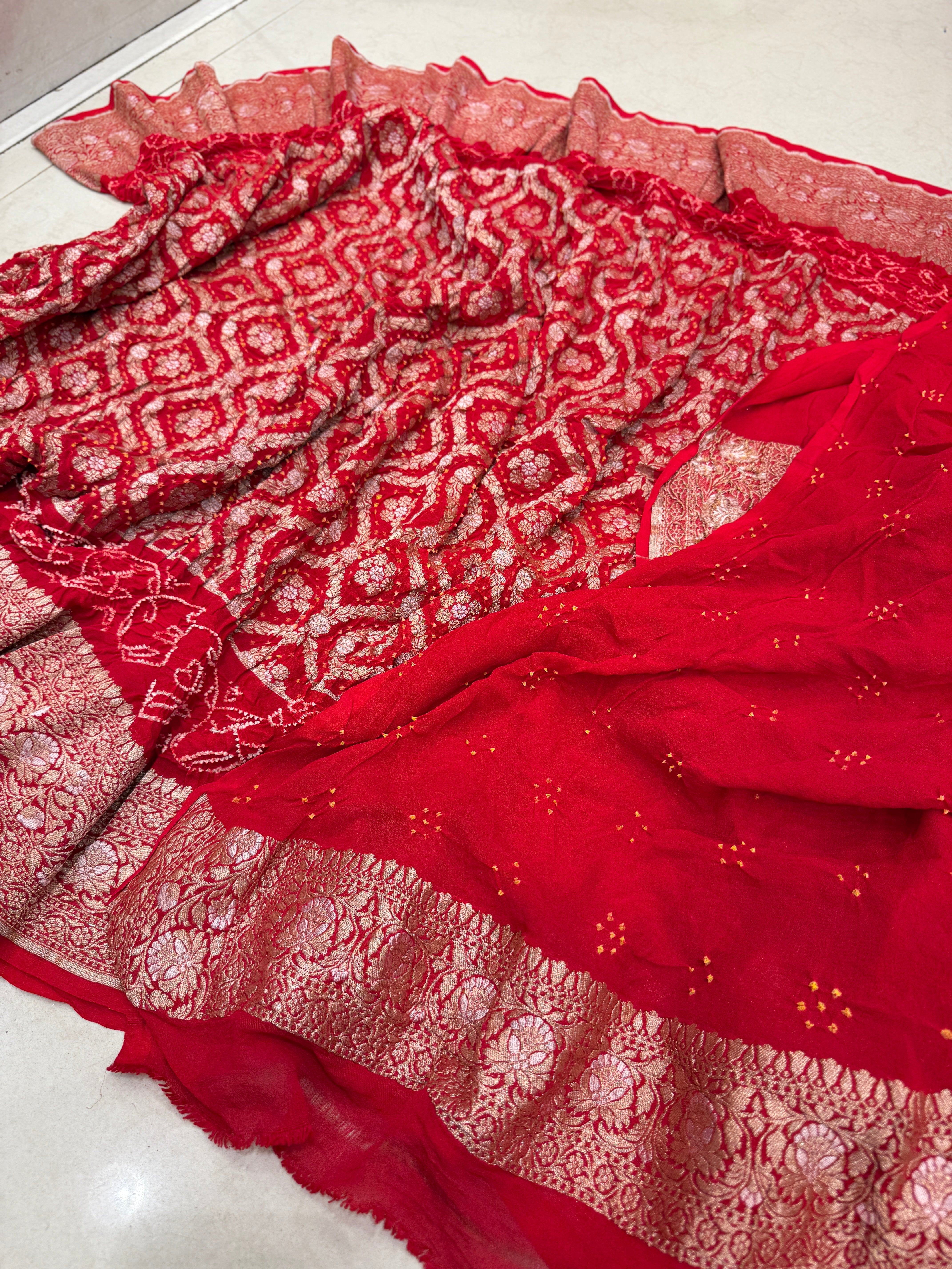 Red Sona Roopa Double Border Rai Bandhej Georgette Bandhini Saree