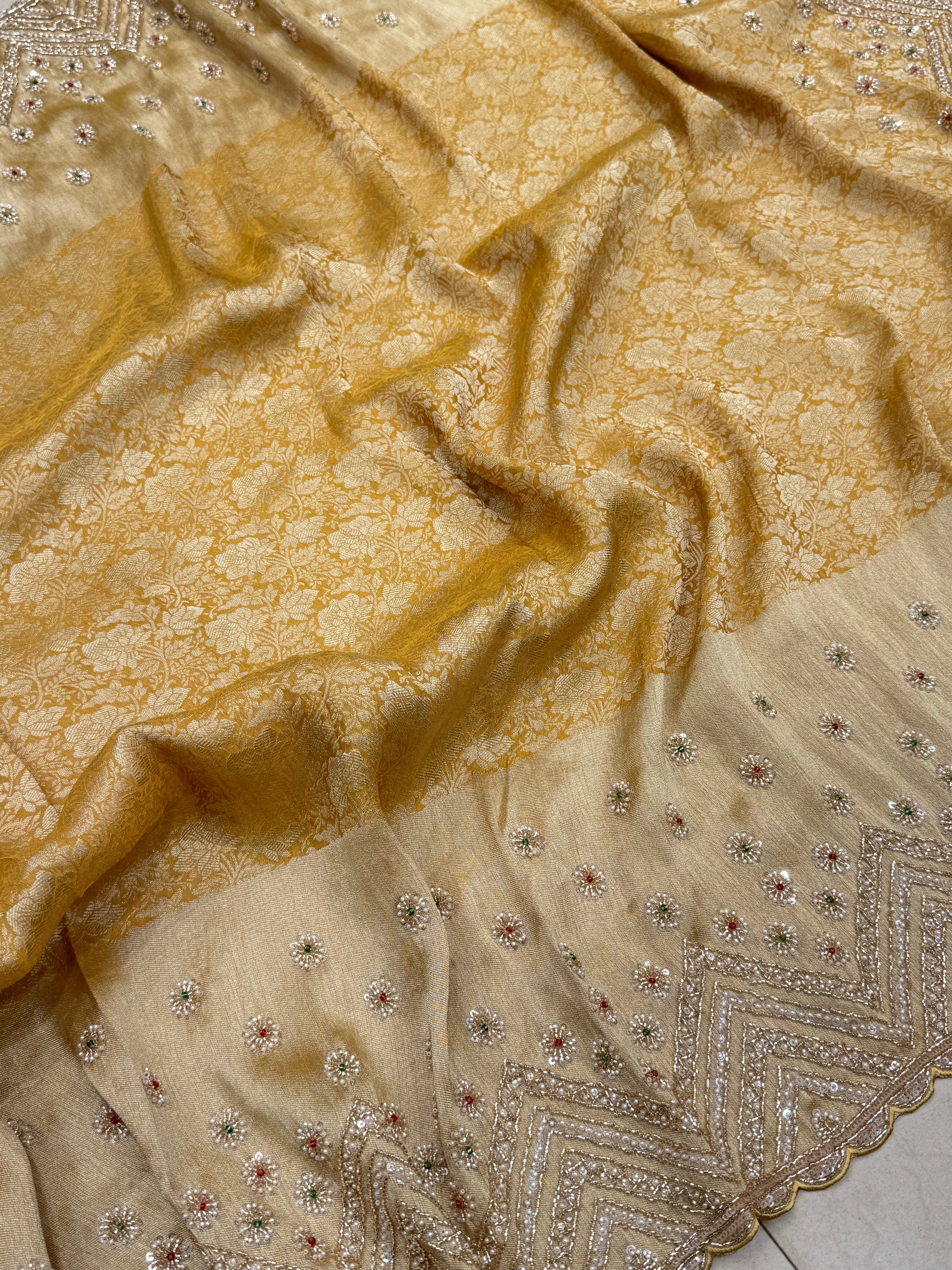 Yellow Floral Weave Soft Silk Moti Crystal Embroidery Saree