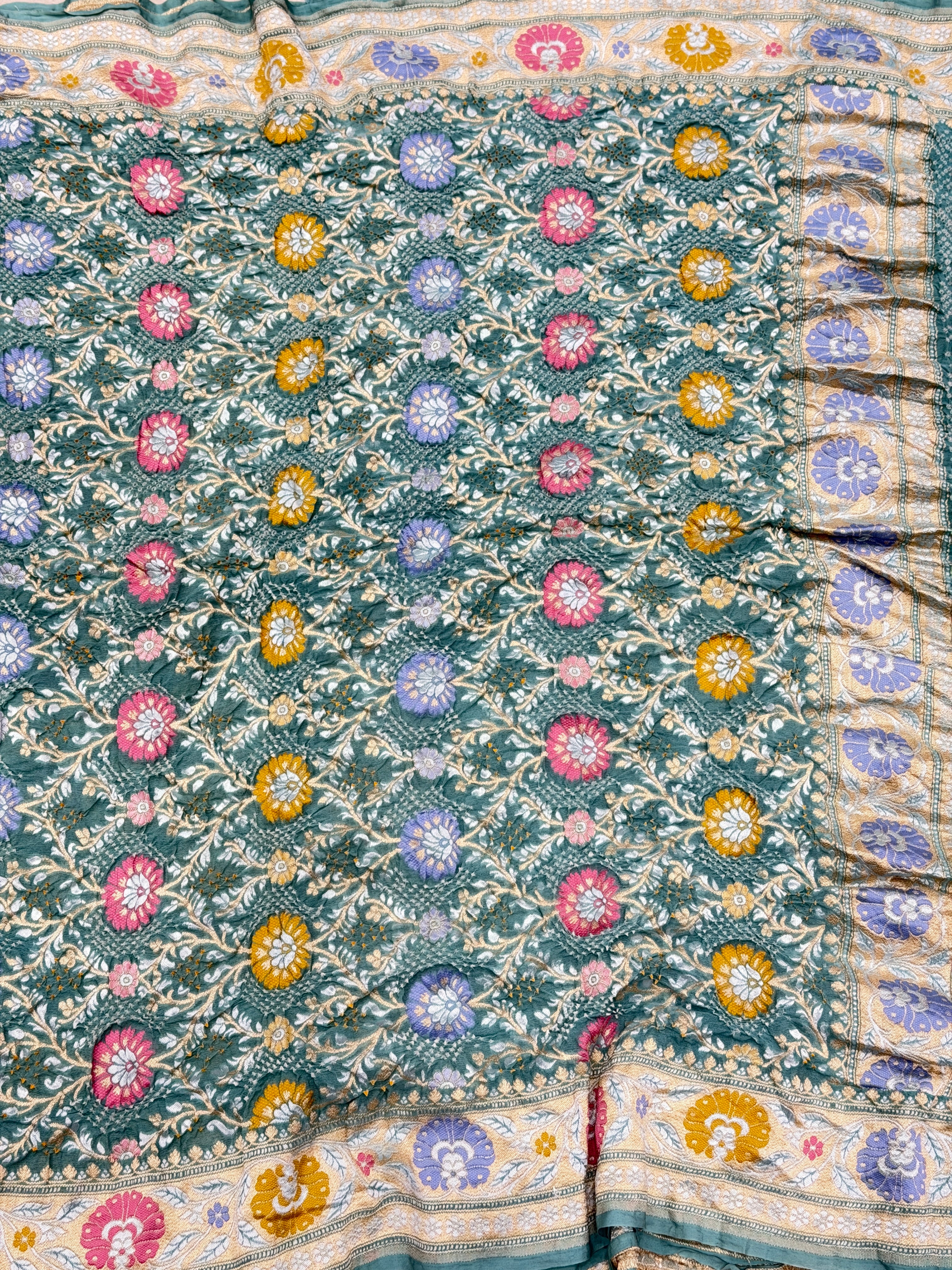 Pastel Sea Green Meenakari Jaal Pure Handloom Bandhej Georgette Saree