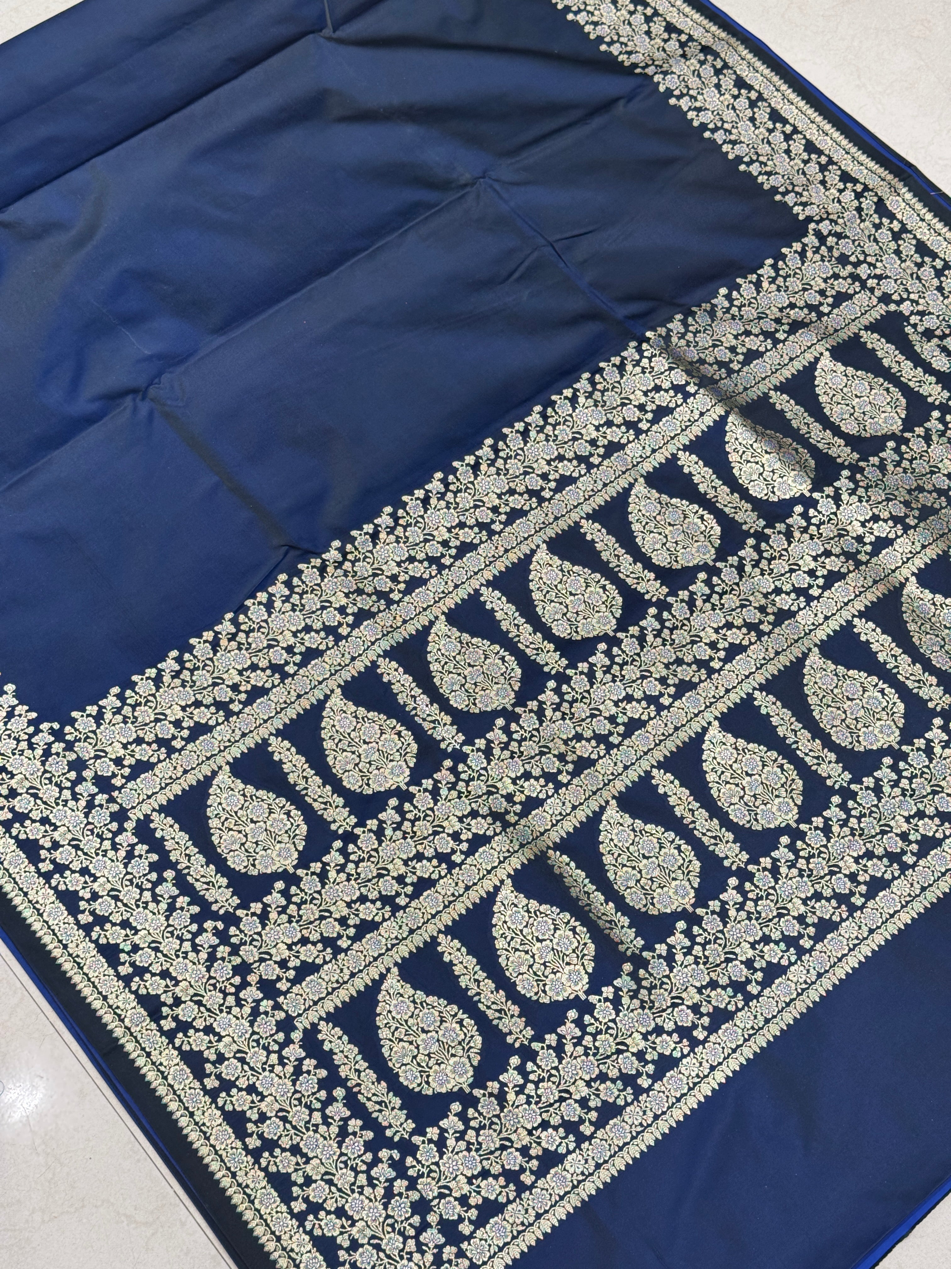 Blue Dhup Chav Banarasi Silk Plain Floral Border Saree