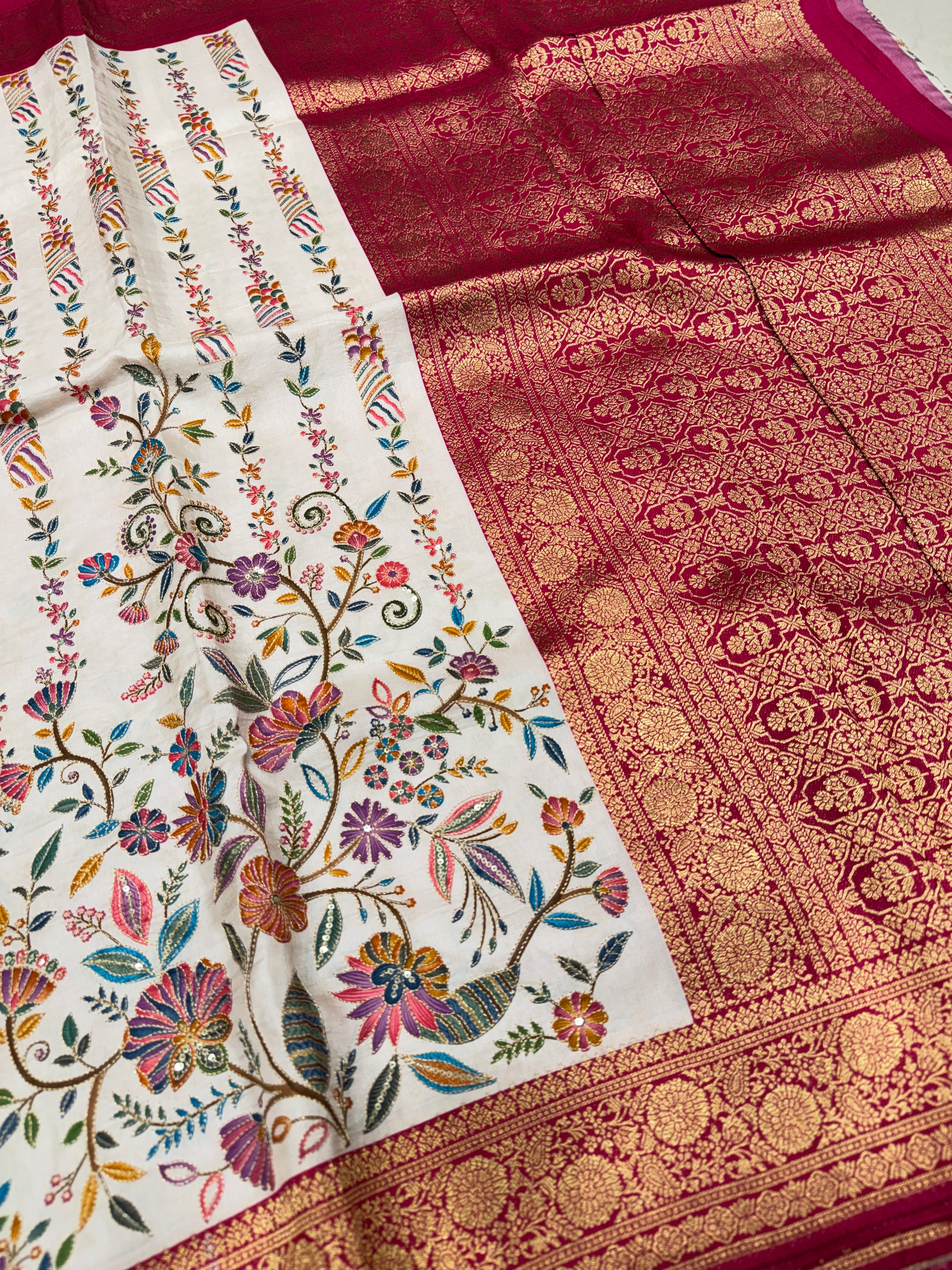 Beige Banarasi Munga With Pita Embroidery