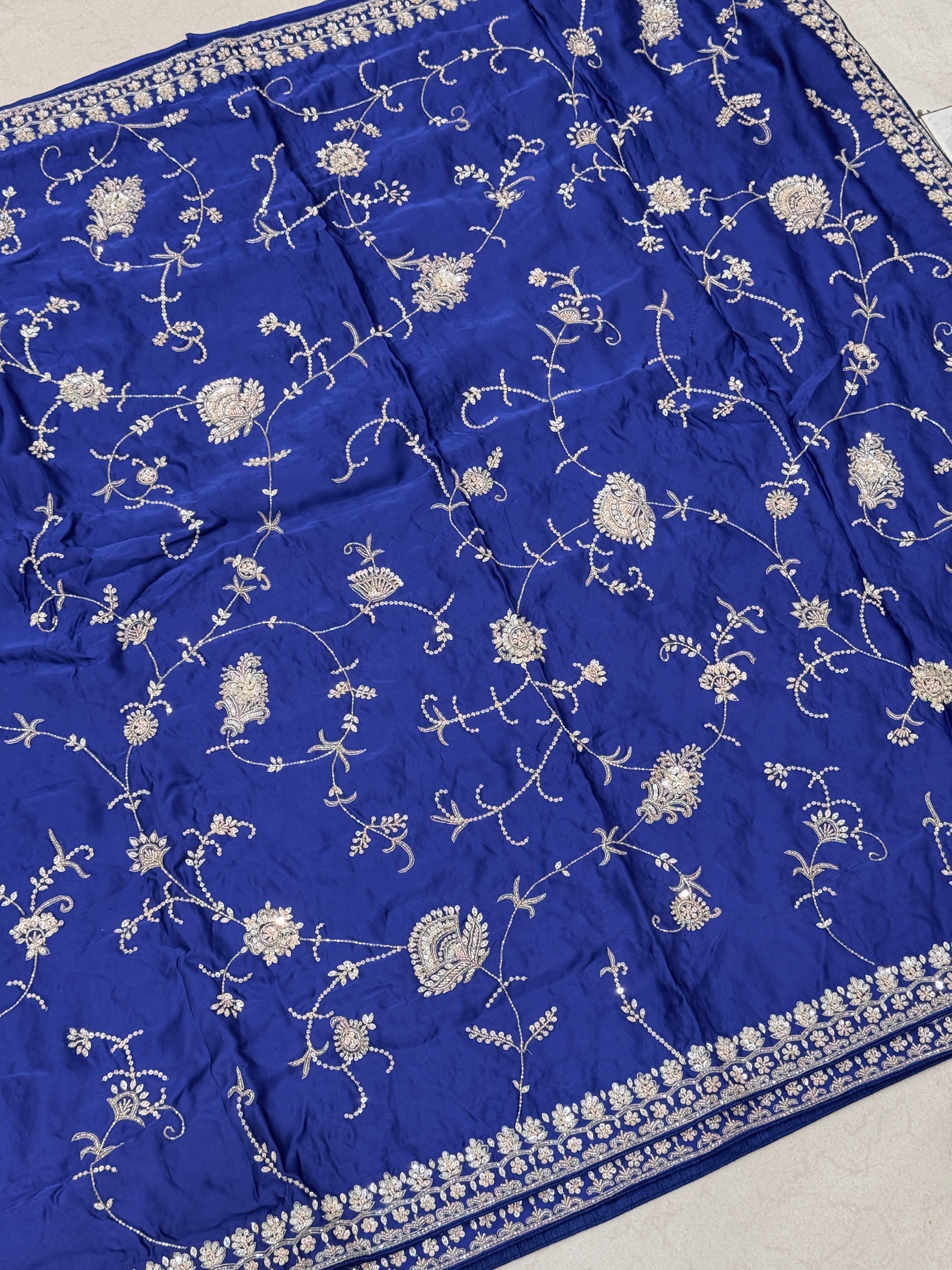 Blue Satin Silk Moti Sequin Jaal Hand Embroidery Saree