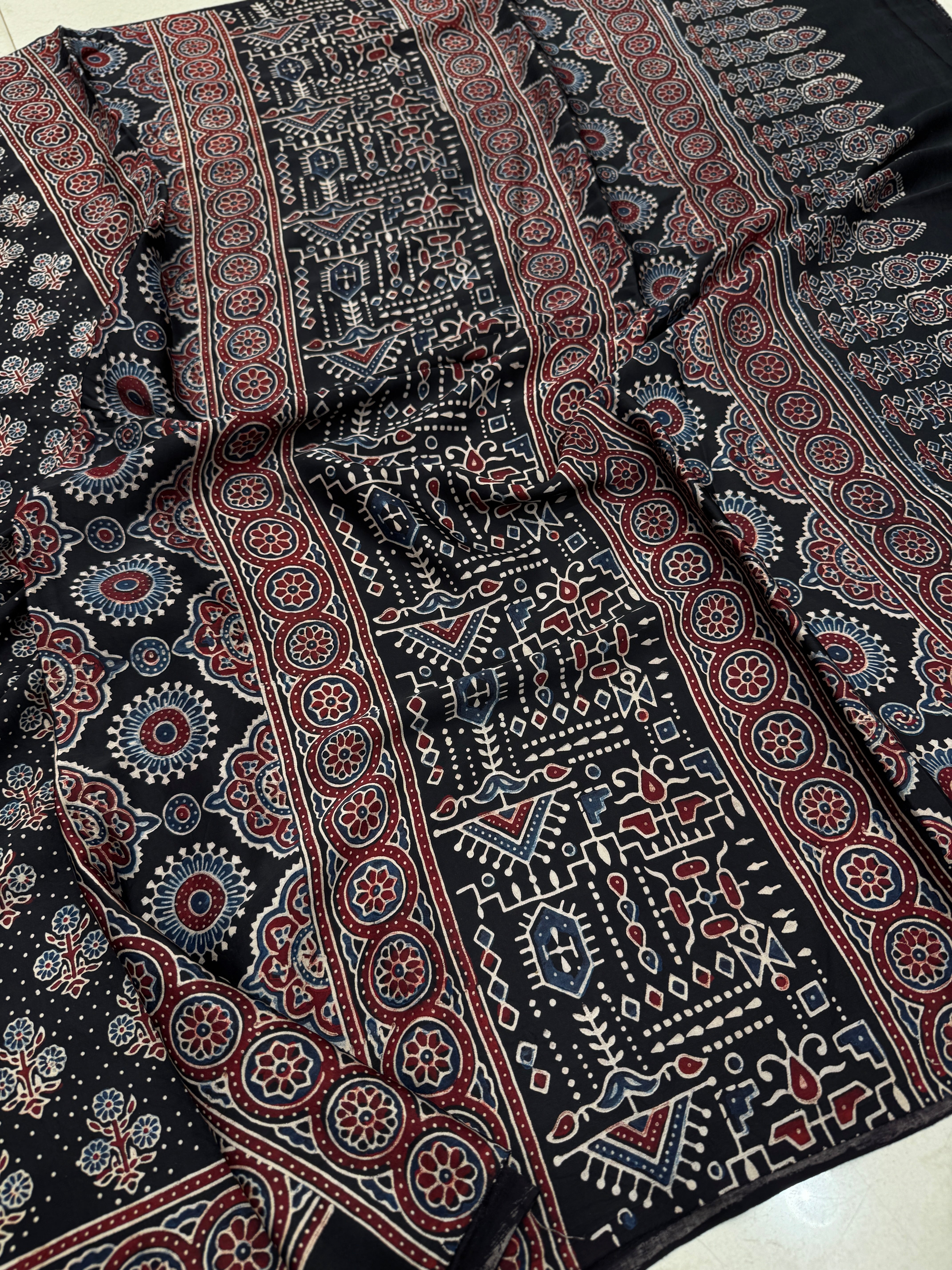 Black Floral Buttas Dot Style Hand Block Print Ajrkah Pure Gajji Silk Saree