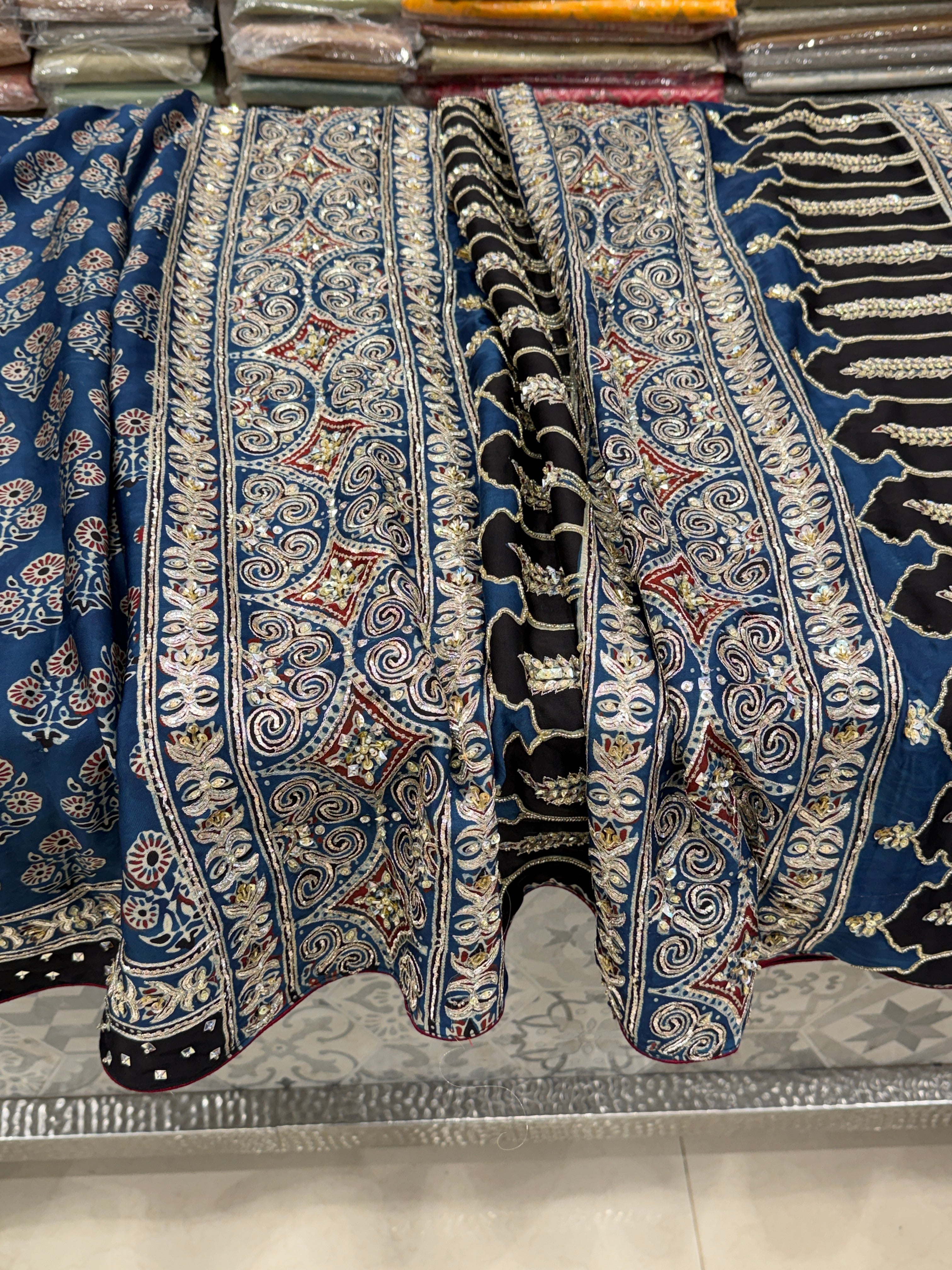 Blue Buttas Pita Zardosi Sequin Ajrakh Hand Embroidery Saree
