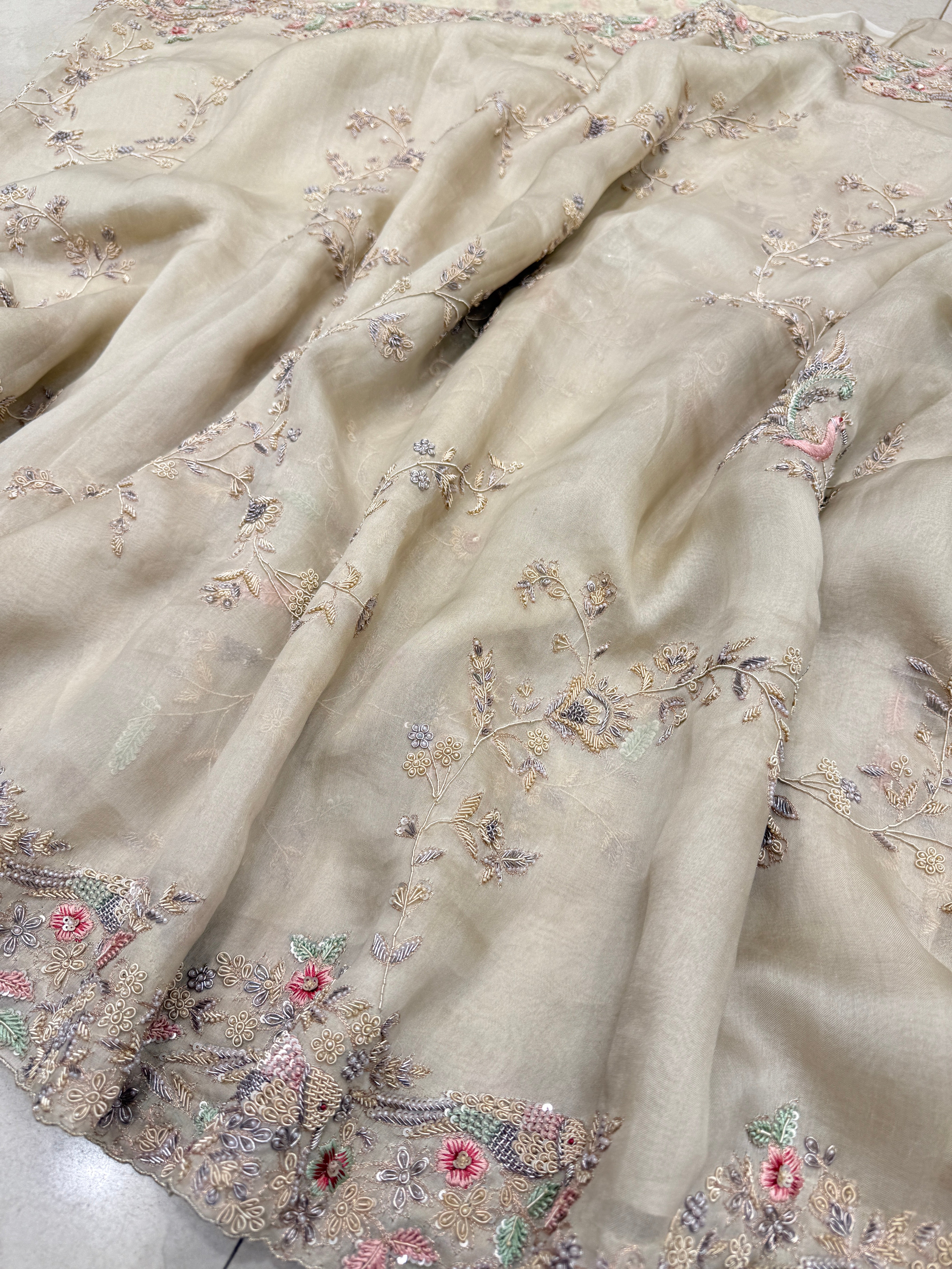Pearl white Organza Zardosi Jaal Hand Embroidery Saree