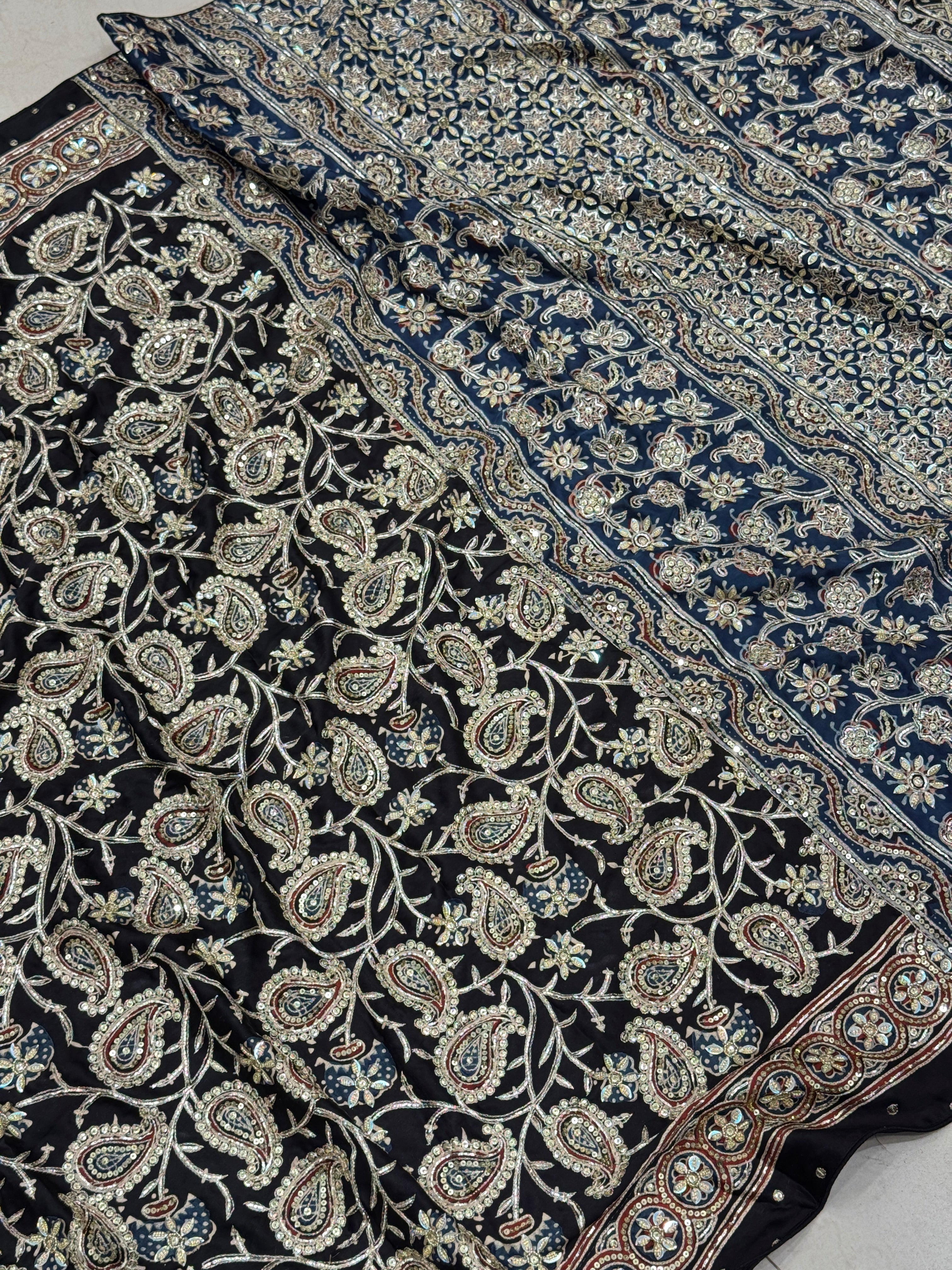 Black Blue Pallu Ajrakh Badam Jaal Hand Embroidery Zardosi and Pita Work