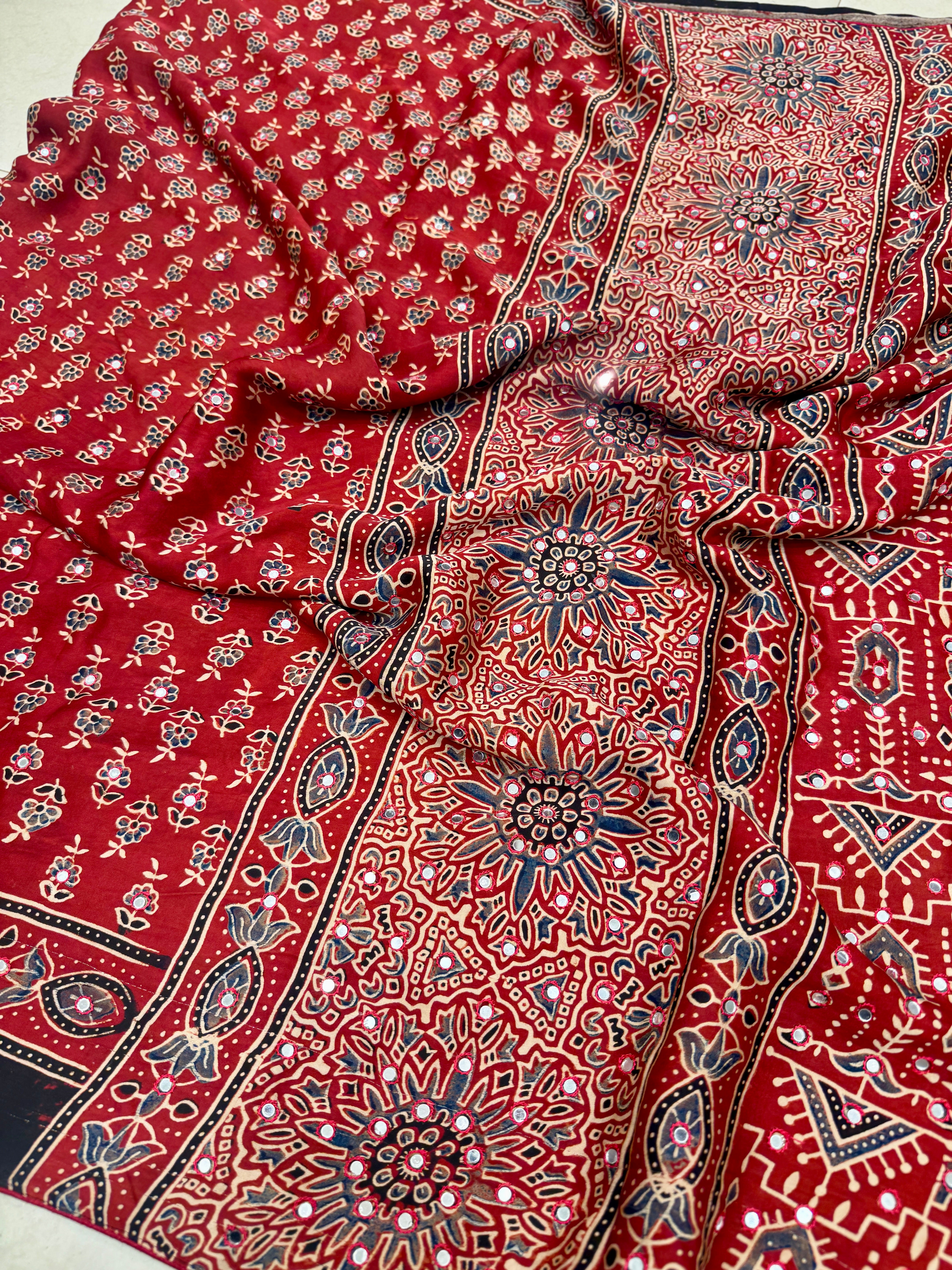 Red Butti Ajrakh Sequin Mirror Resham Hand Embroidery Saree