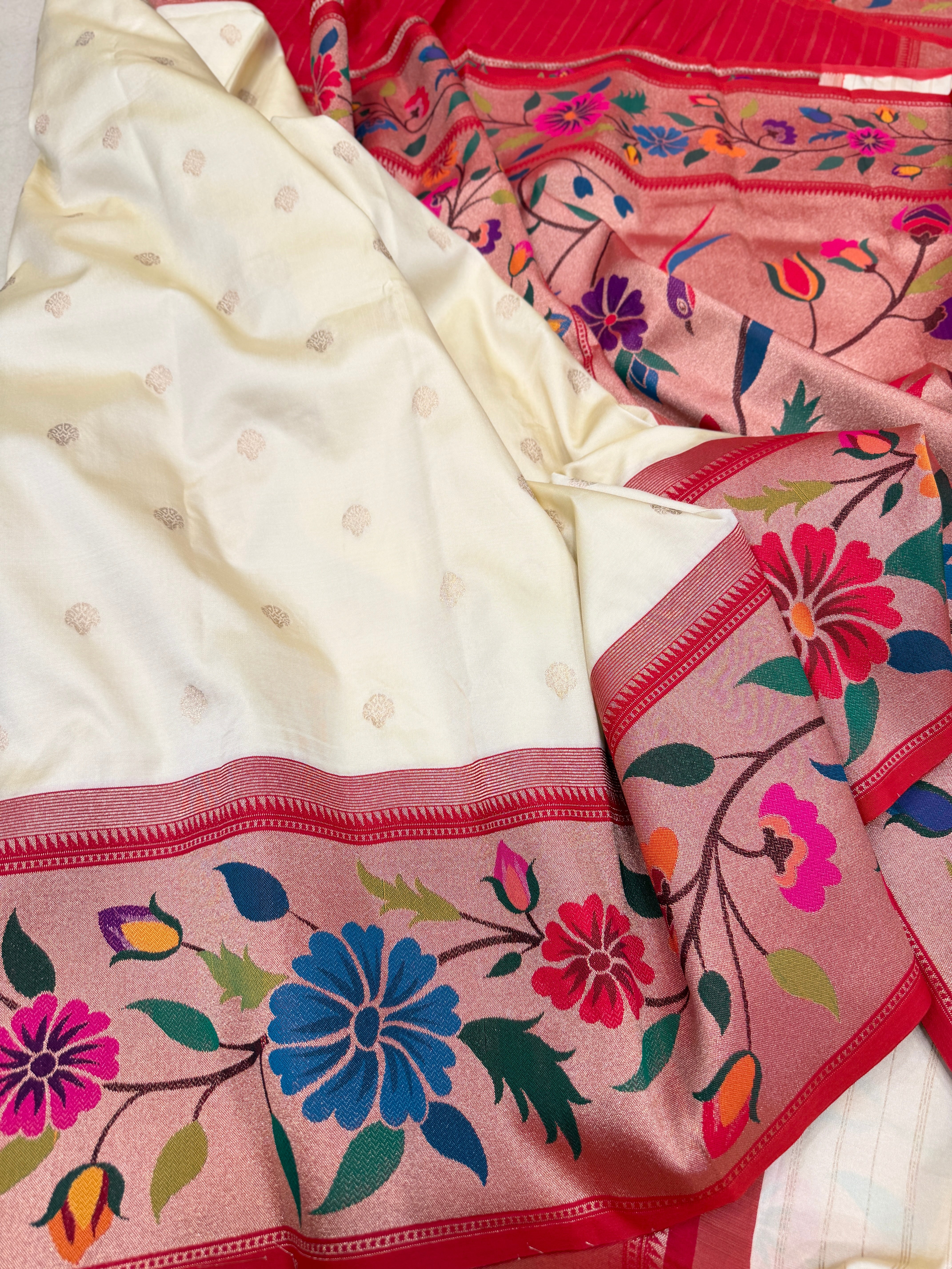 Moti White Floral Border Paithani Silk Saree