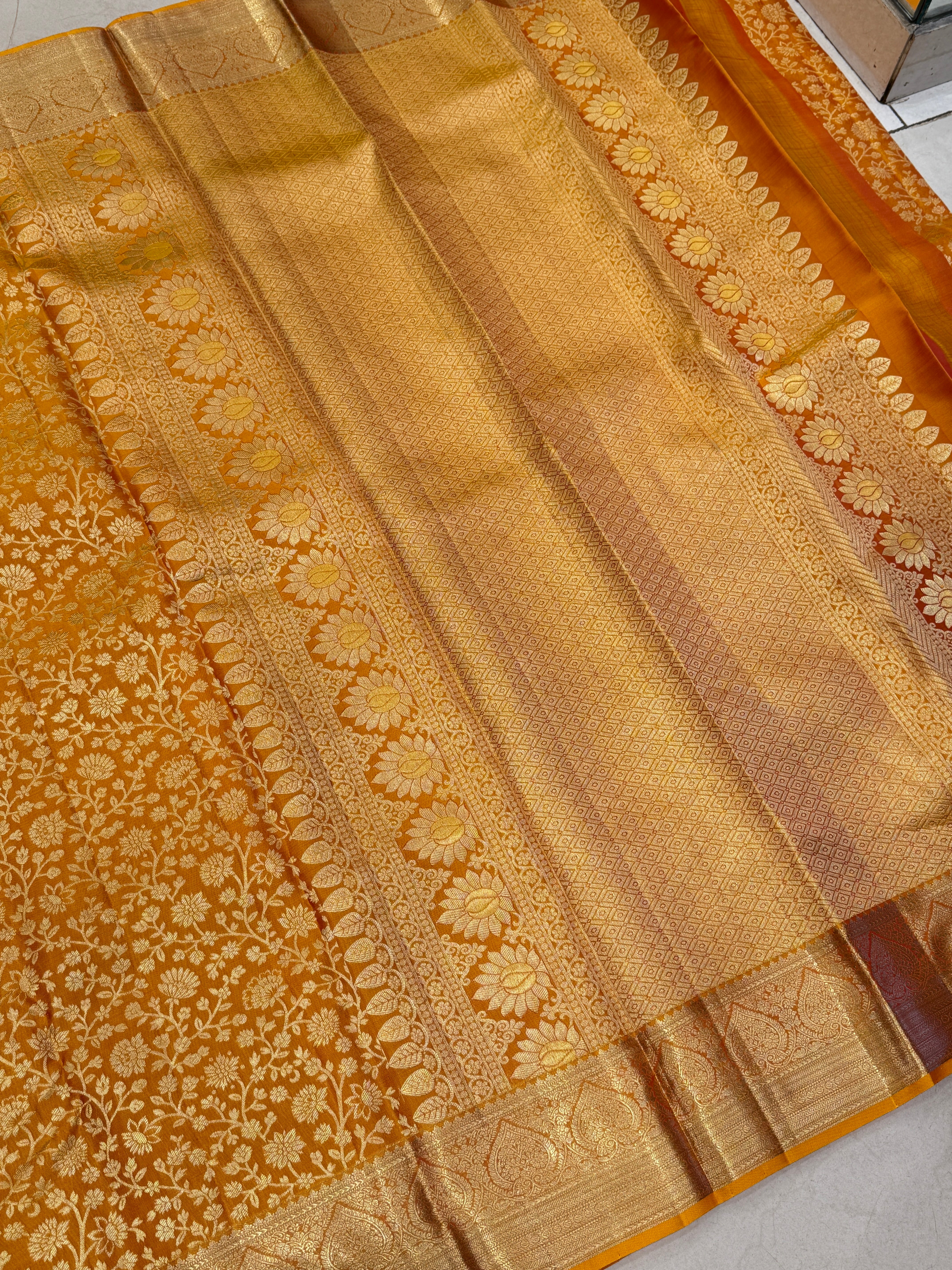 Rust Orange Brocade Jaal Handloom Pure Silk Kanjivaram Saree