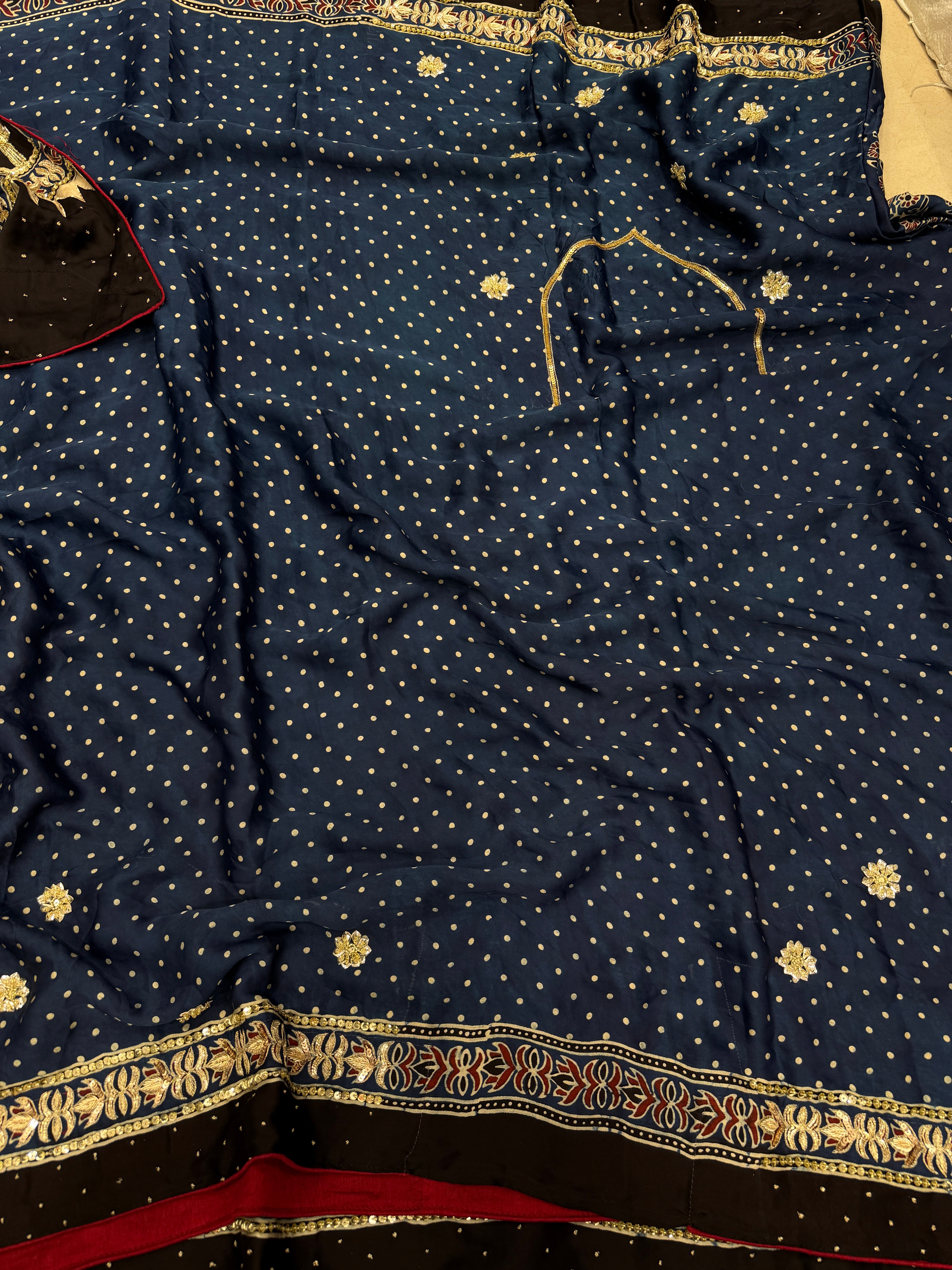 Blue Buttas Pita Zardosi Sequin Ajrakh Hand Embroidery Saree