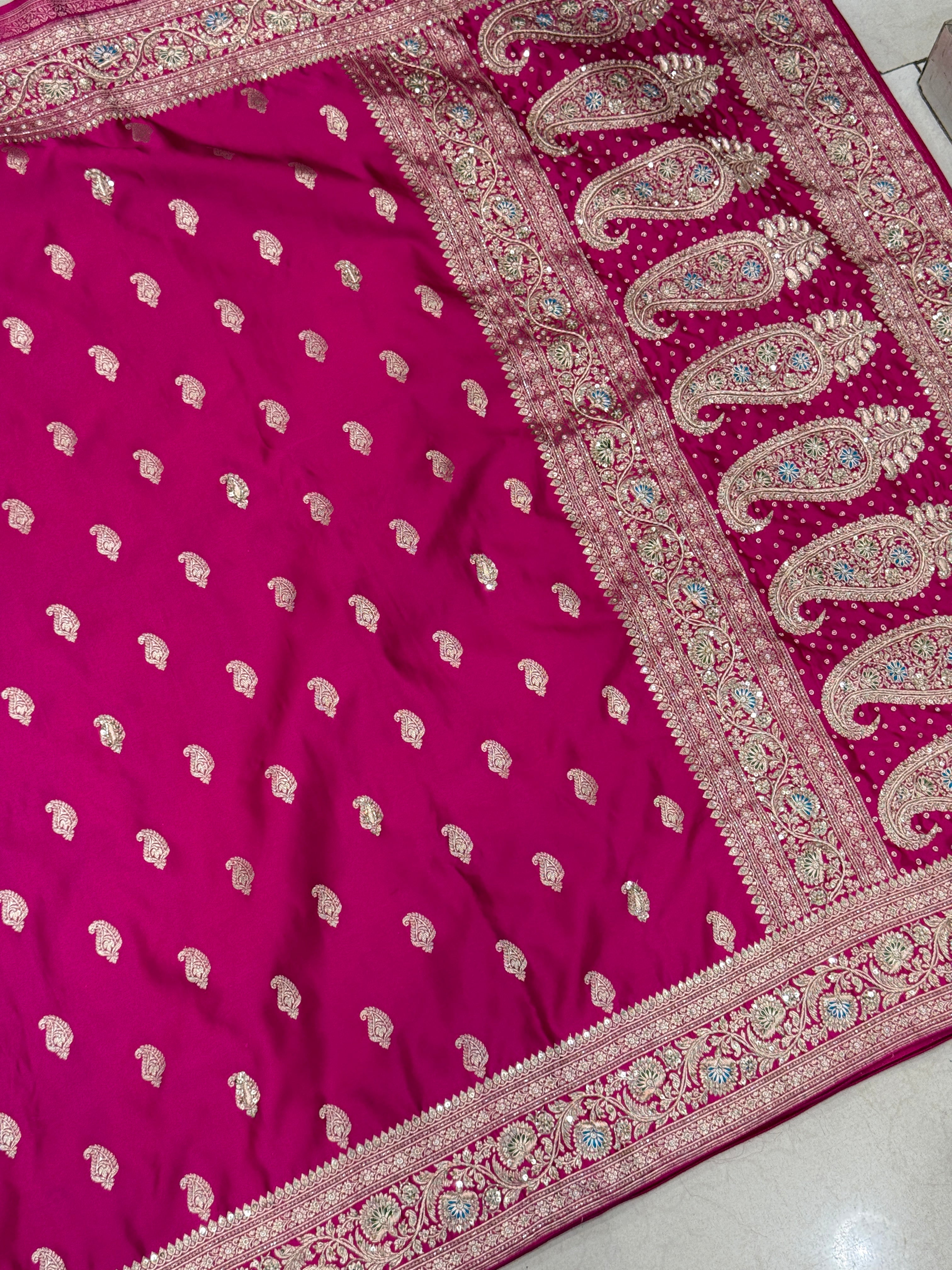 Rani Banarasi Silk Meenakari Border Hand Embroidery Saree