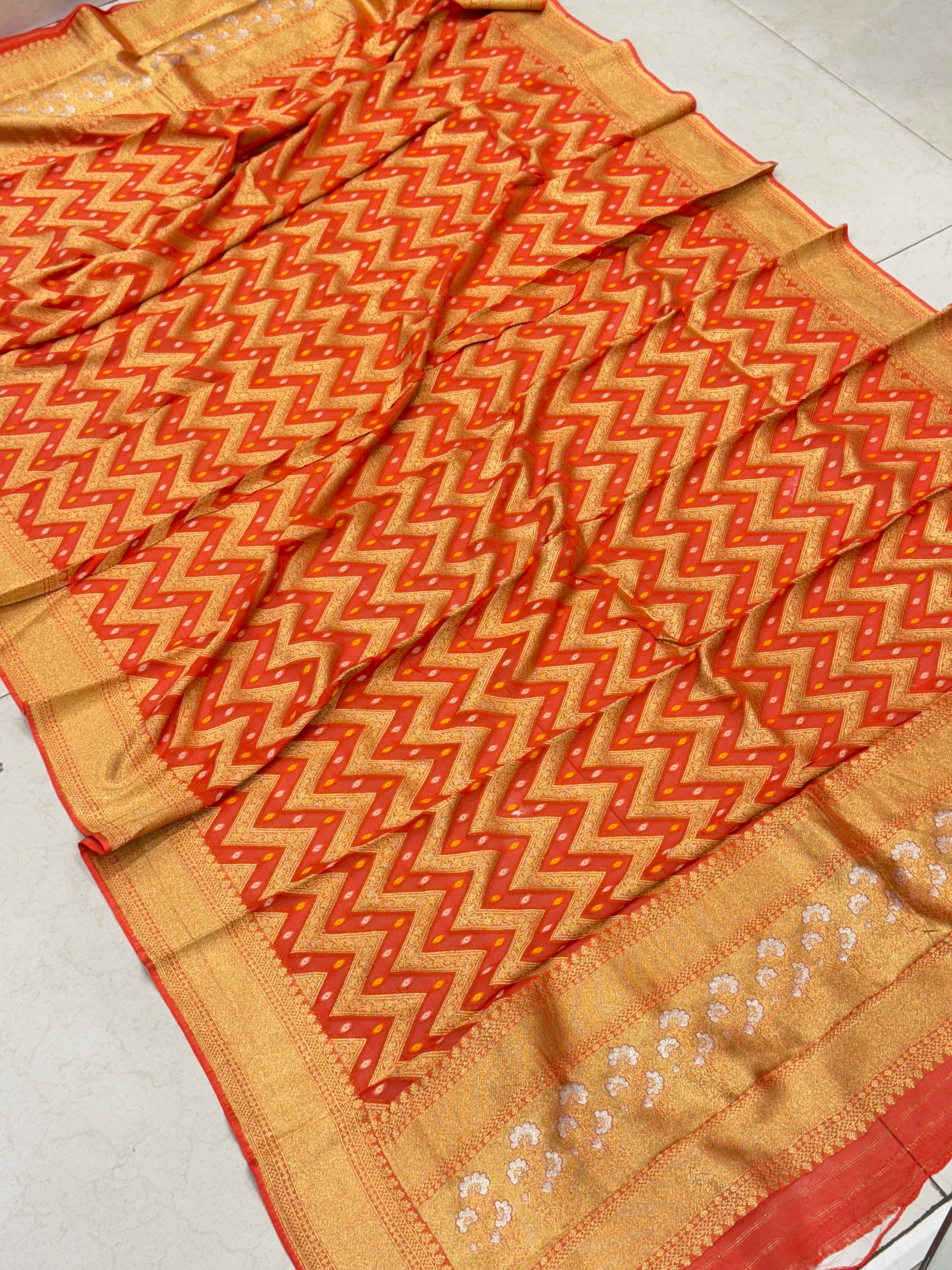 Orange Georgette Woven Bandhej Dupatta