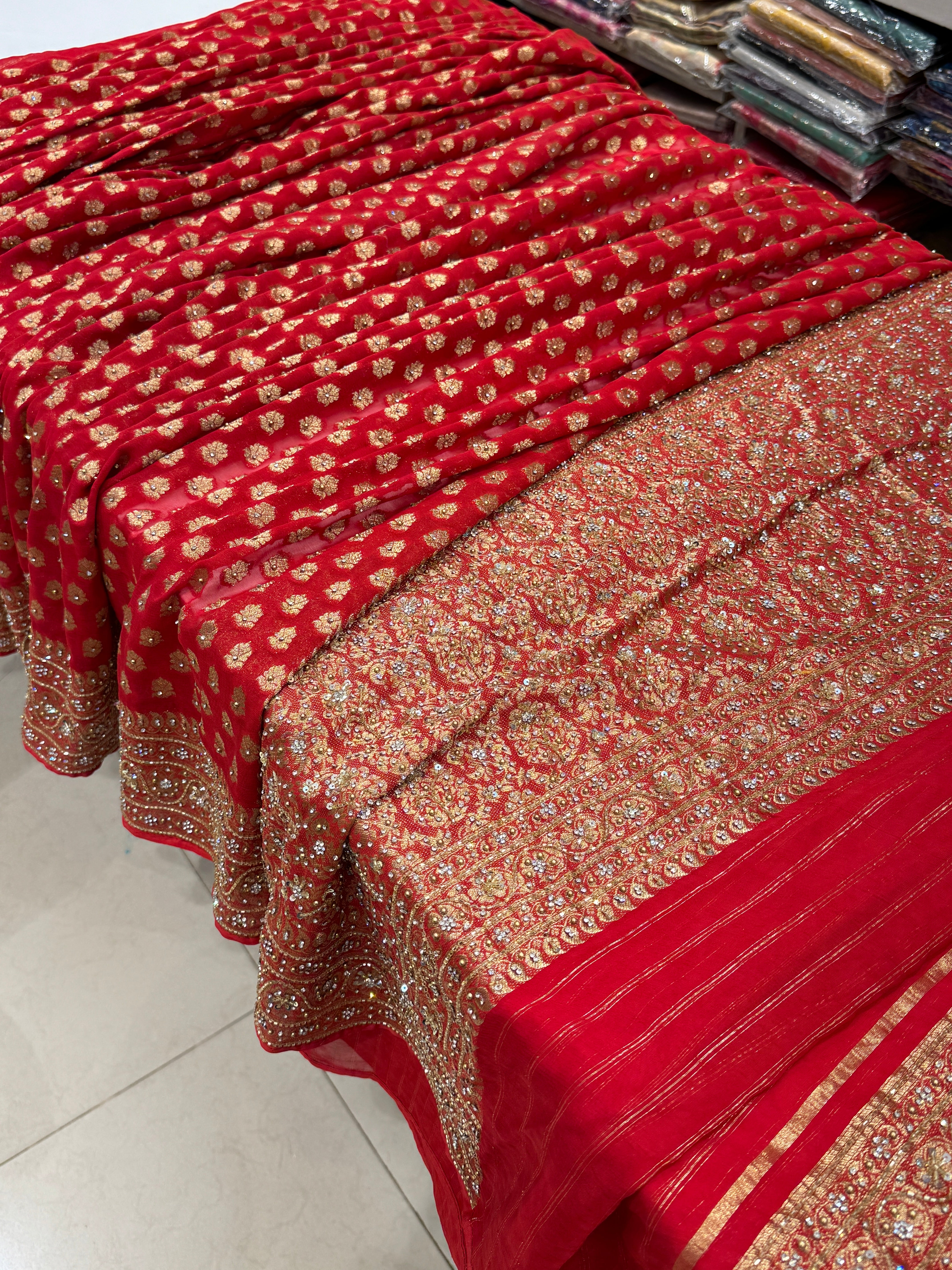 Red Banarasi Khaddi Georgette Hand Done Buttis