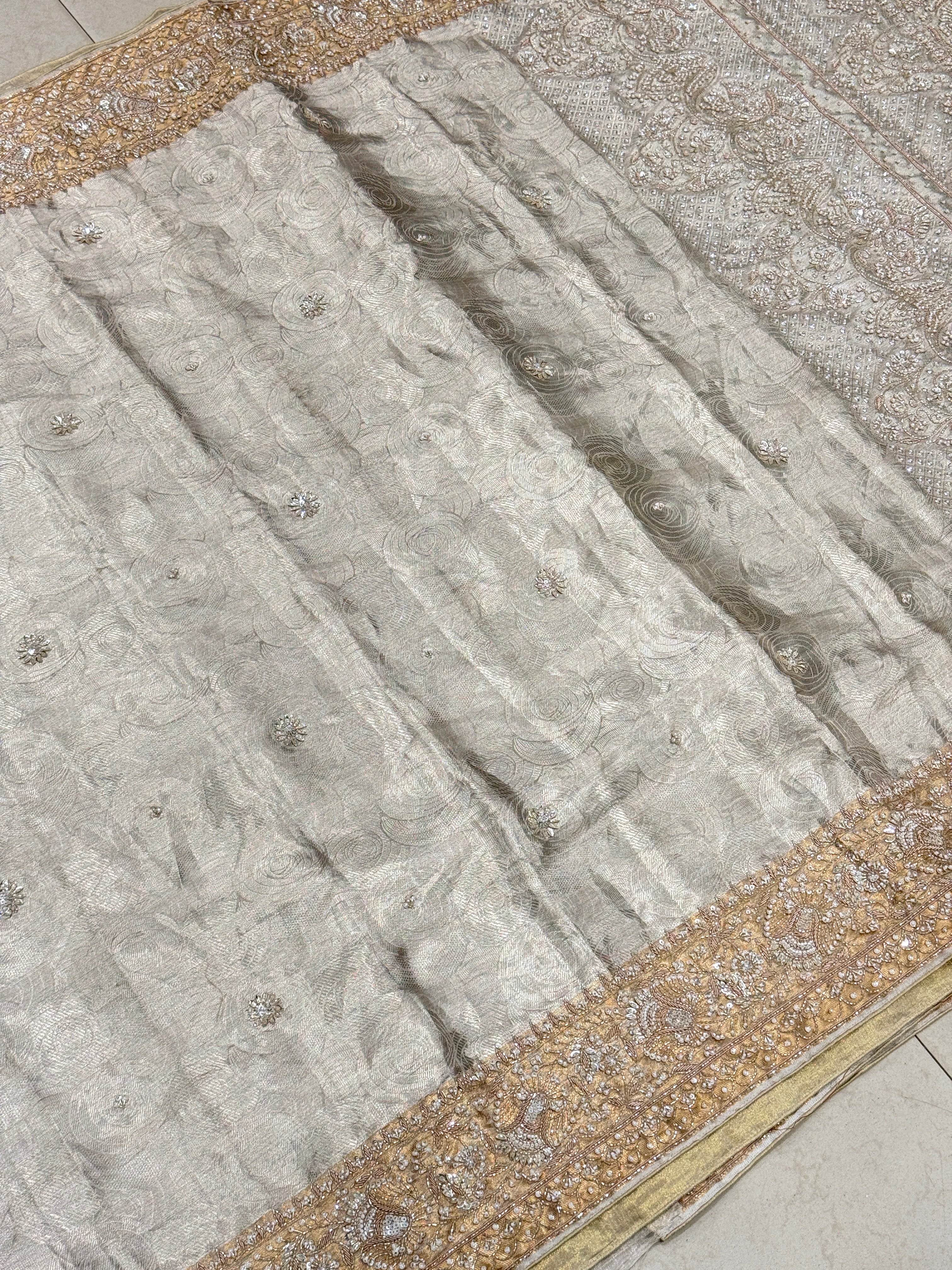 Silver Tissue Kanjivaram Zardosi Moti Hand Embroidery Saree