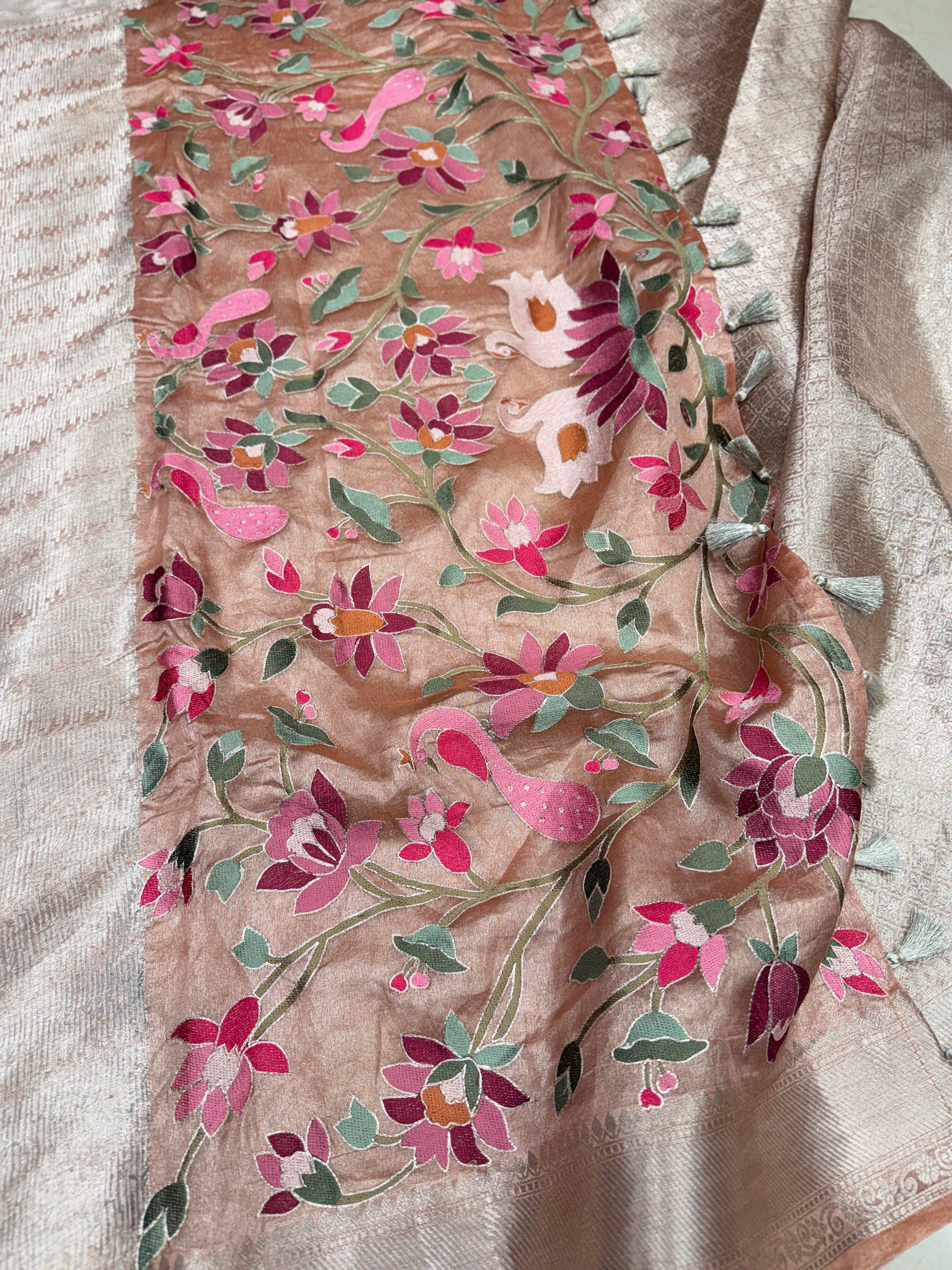Peach Silver Handloom Tissue Swans Contemporary Resham Embroidery Saree