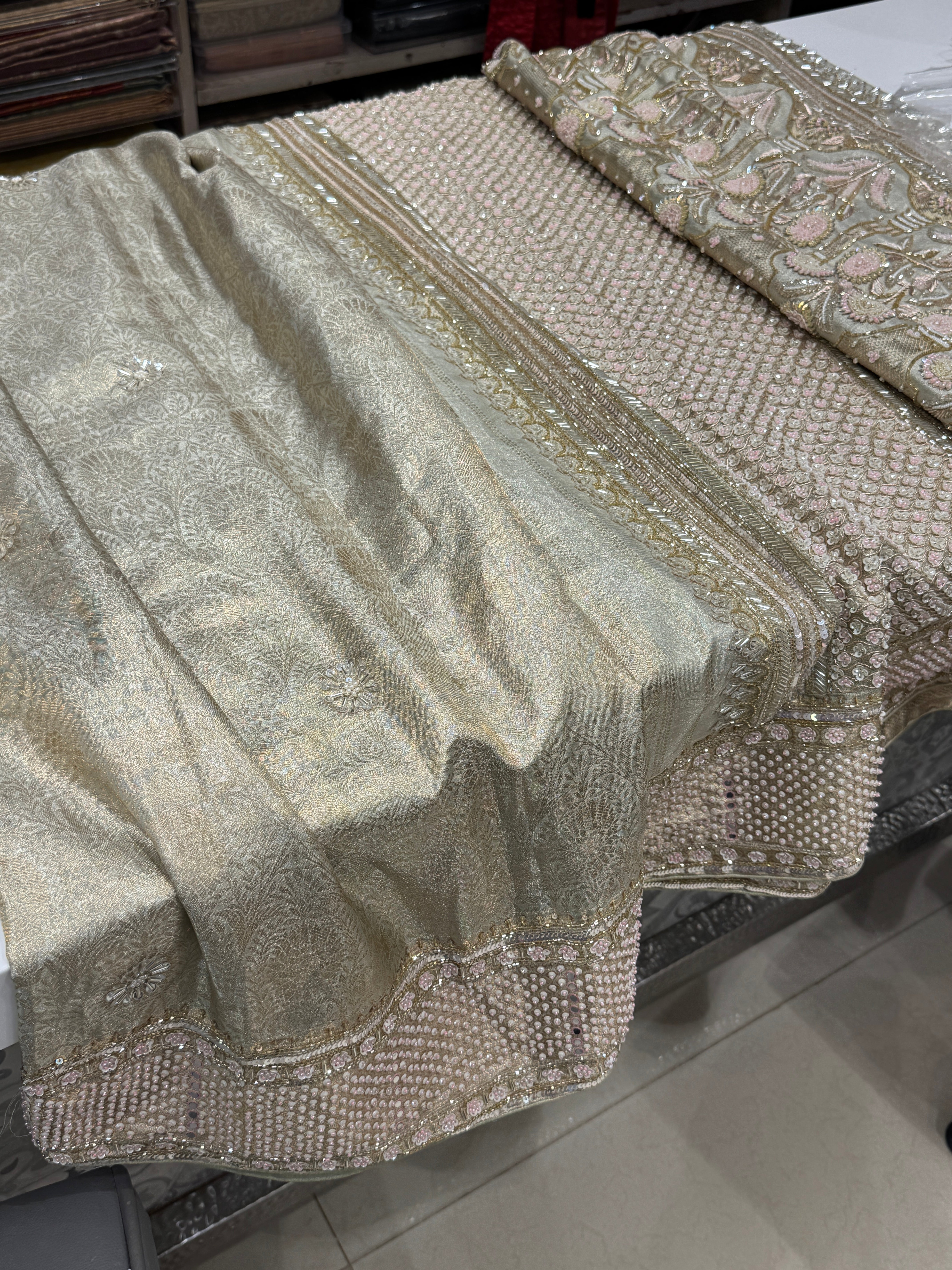 Sage Green Contemporary Tissue Jaal Kanjivaram Hand Embroidery Saree