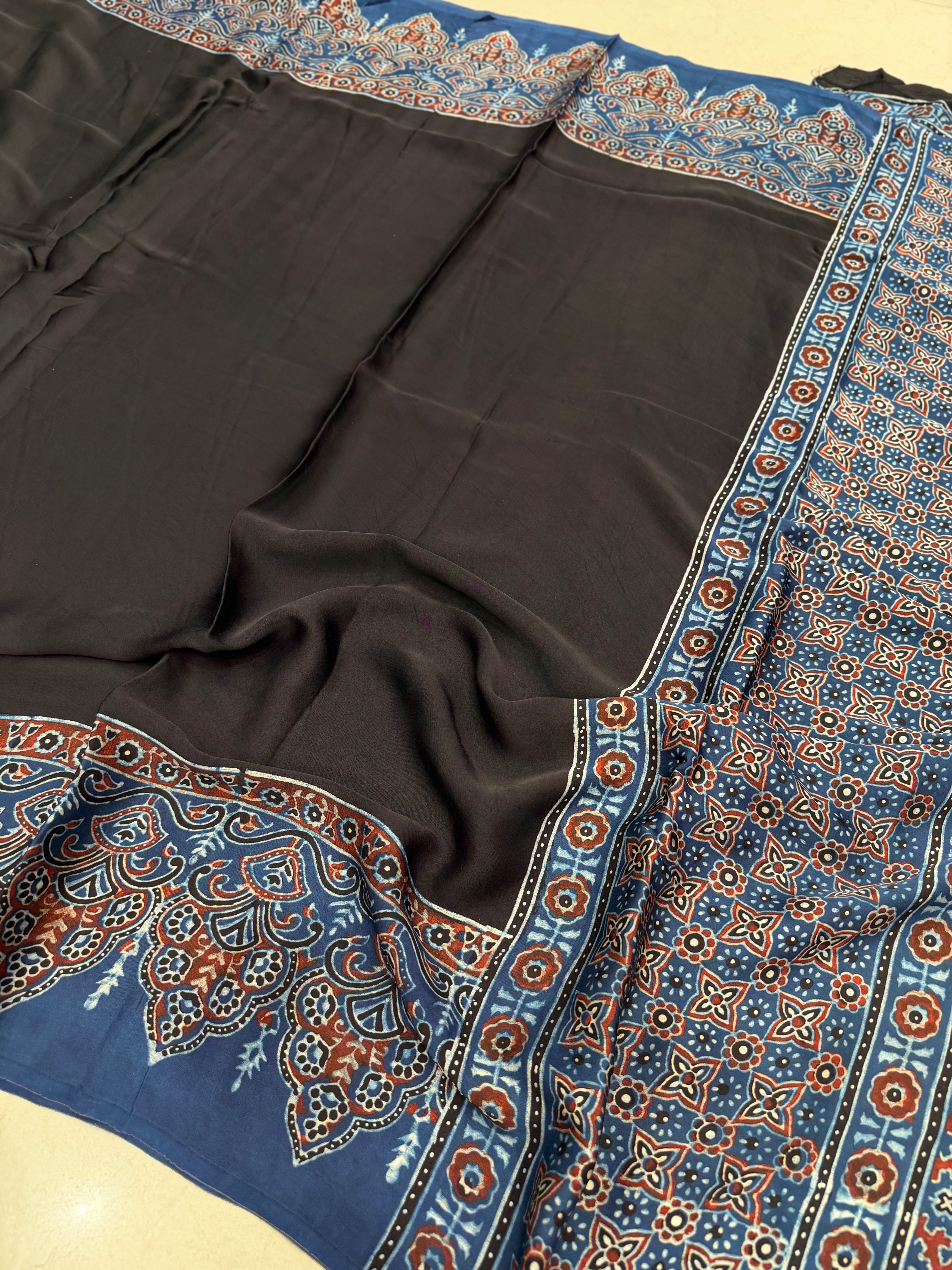 Black Plain Blue Border Ajrakh Hand Block Print Pure Modal Silk Saree