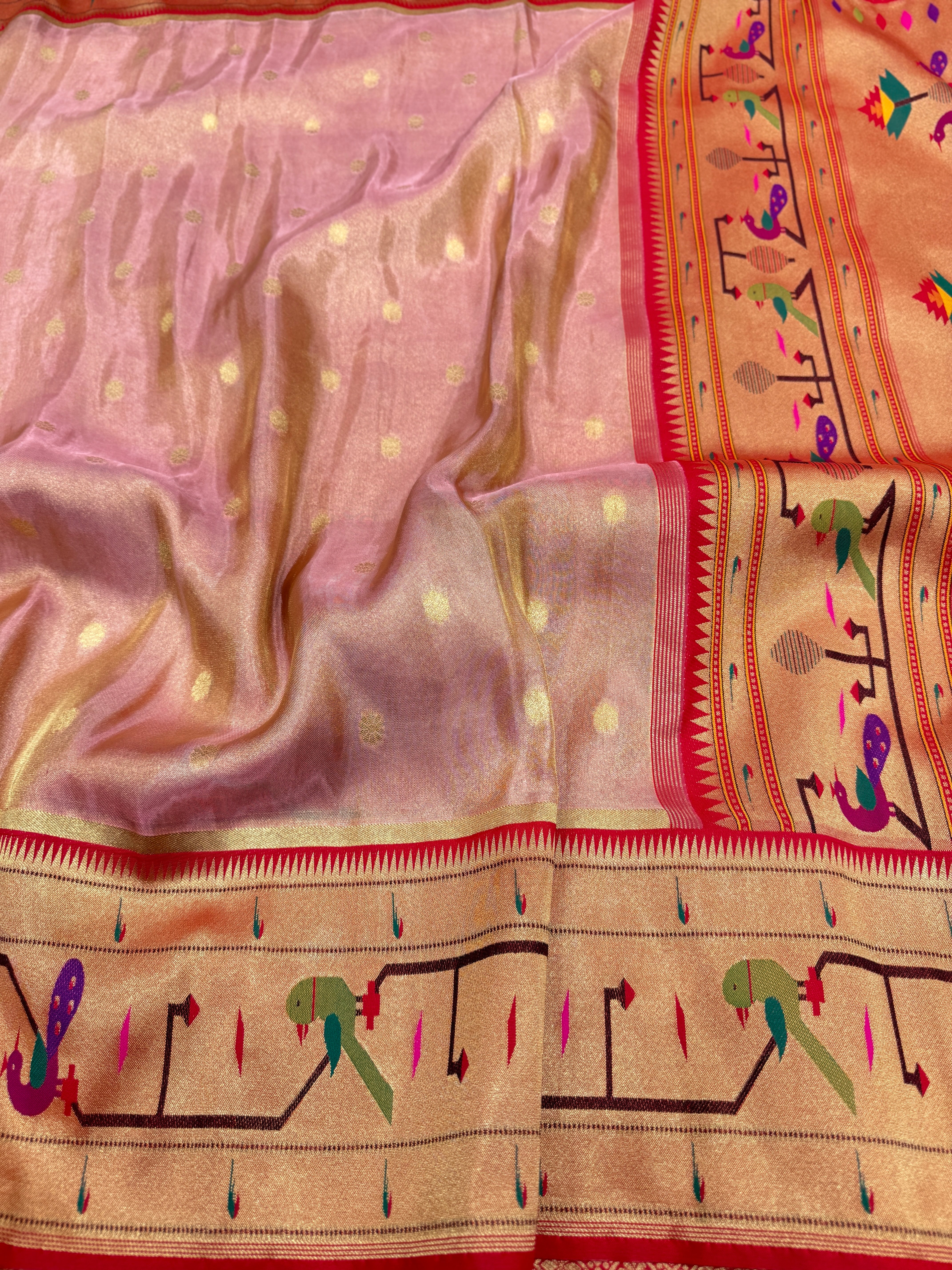 Pink Tissue Paithani Peacock Parrot Border Saree