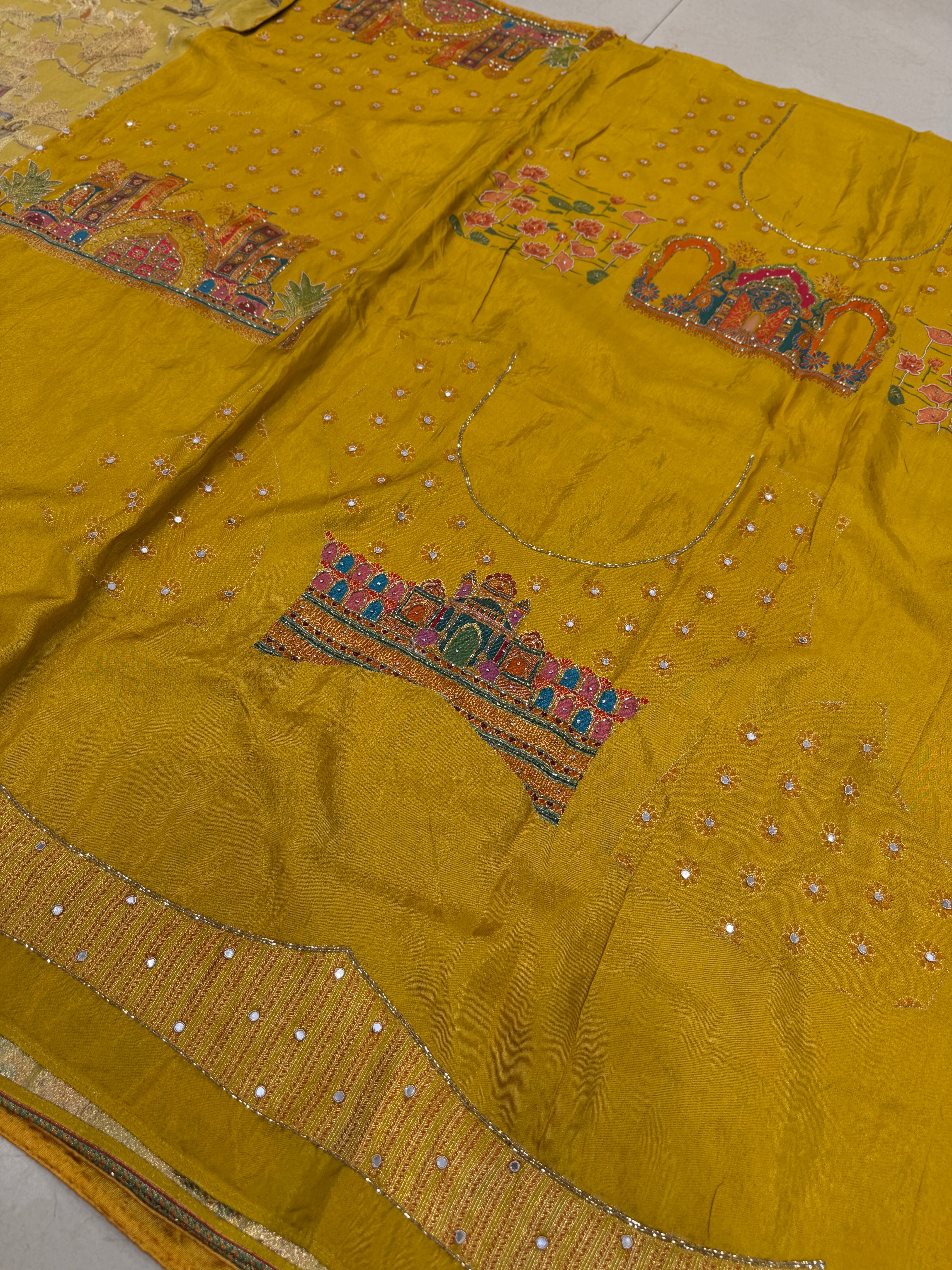 Yellow Palace Landscape Hand Embroidery Pashmina Saree