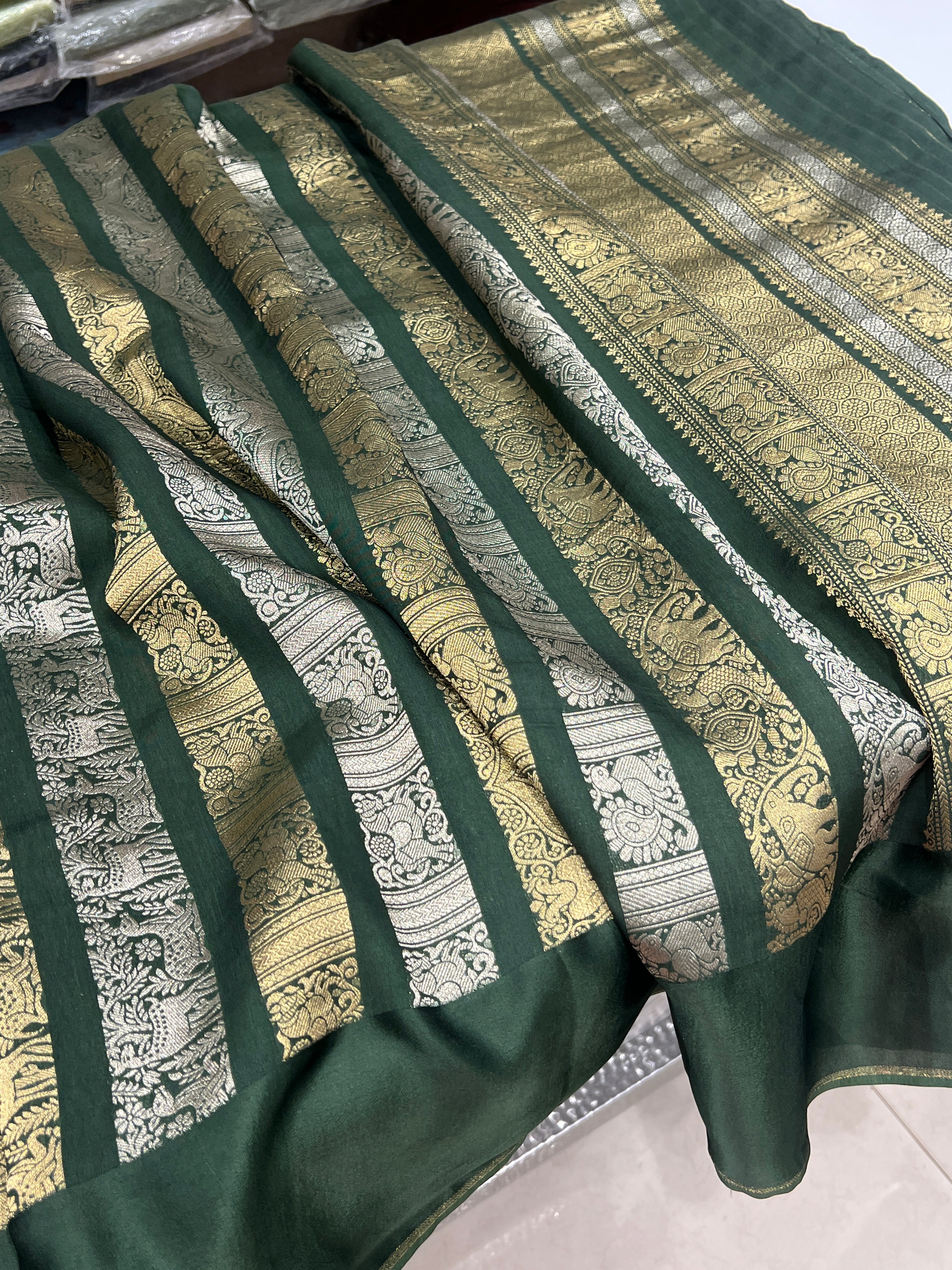 Nita Ambani Inspired Bottle Green Contemporary Banarasi Saree