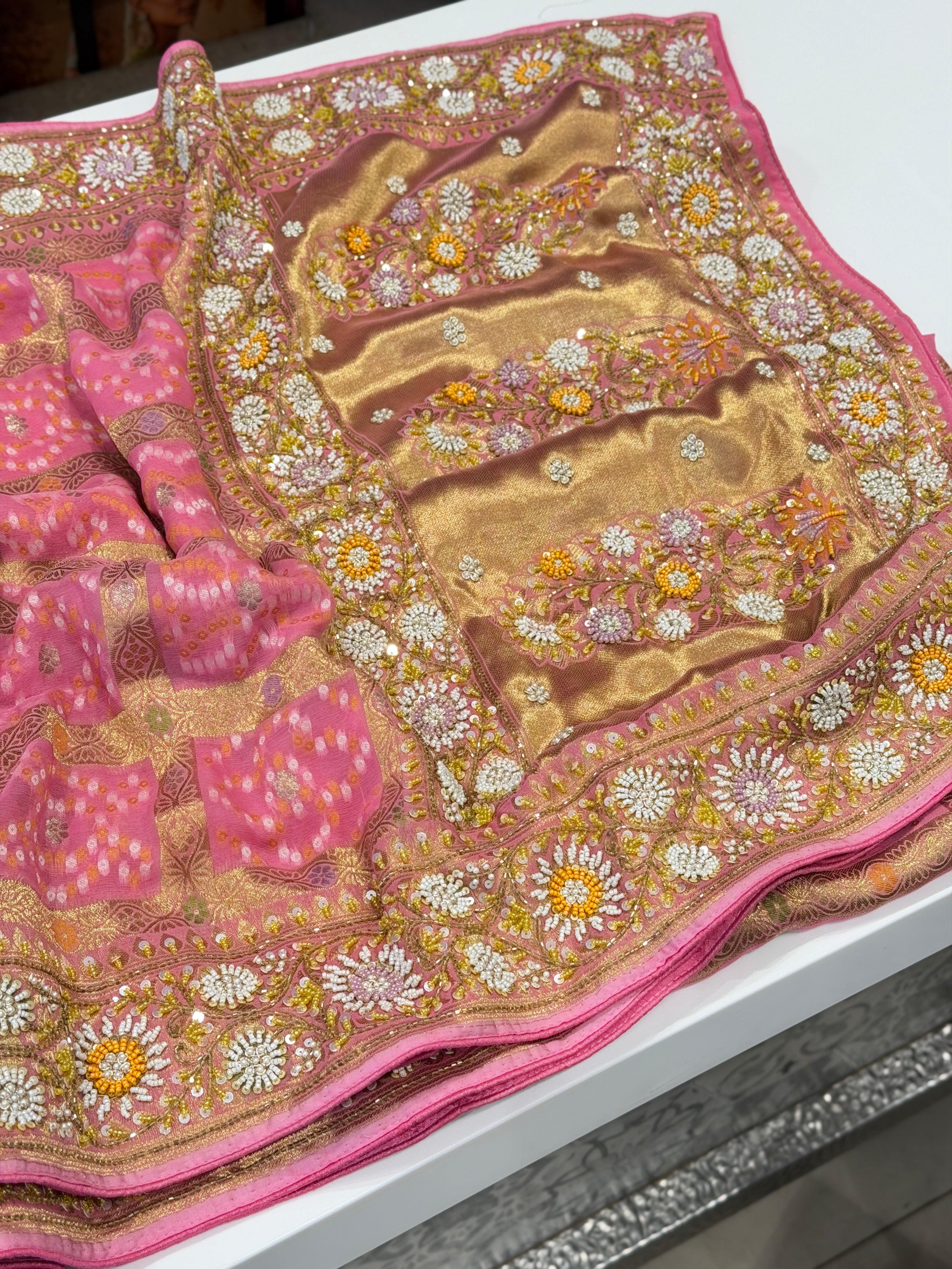Pink Gharchola without Figures Moti Sequin Zardosi Hand Embroidery Georgette Saree