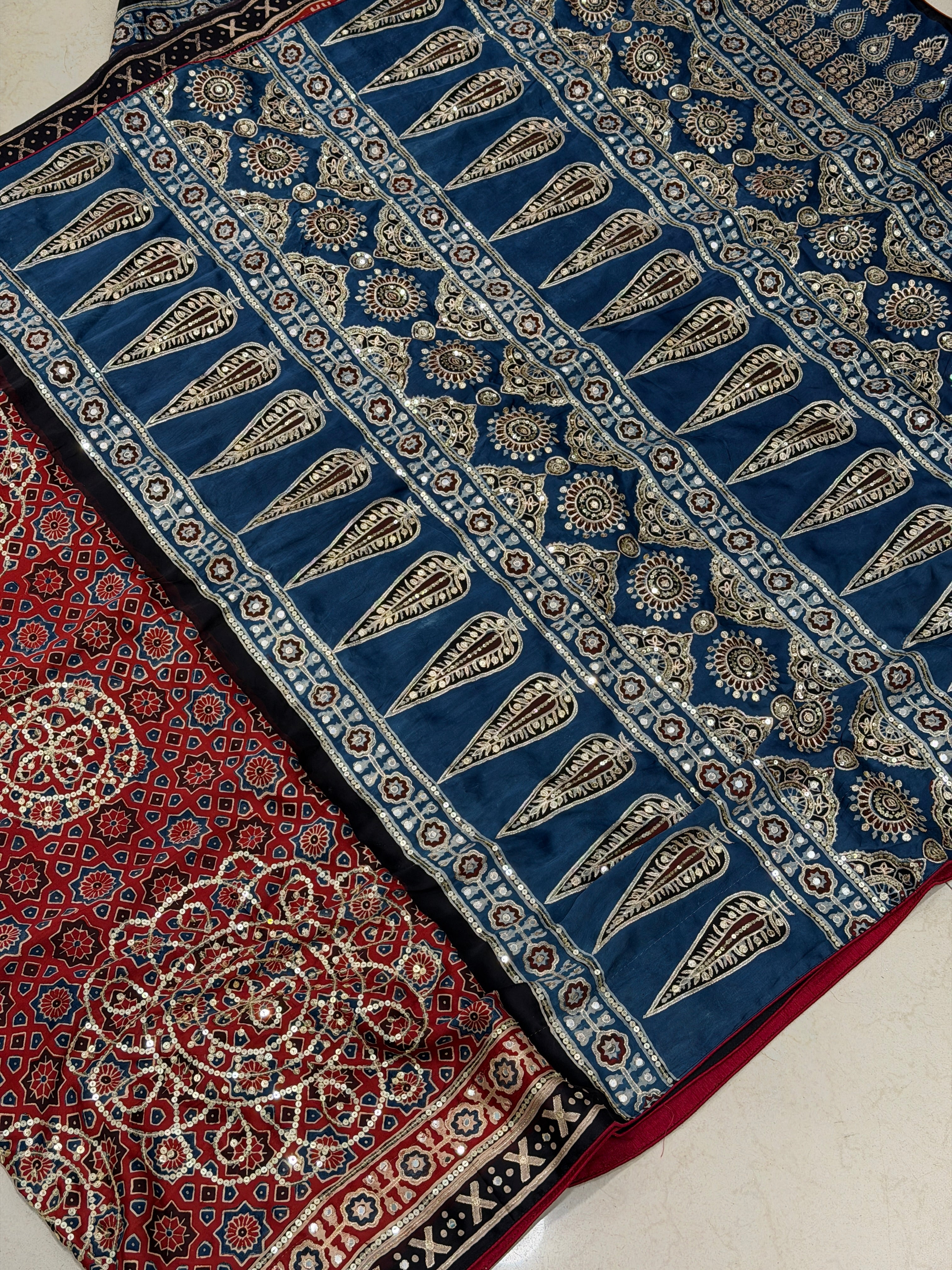 Alia Bhatt Inspired Ajrakh Modal Hand Embroidery Saree