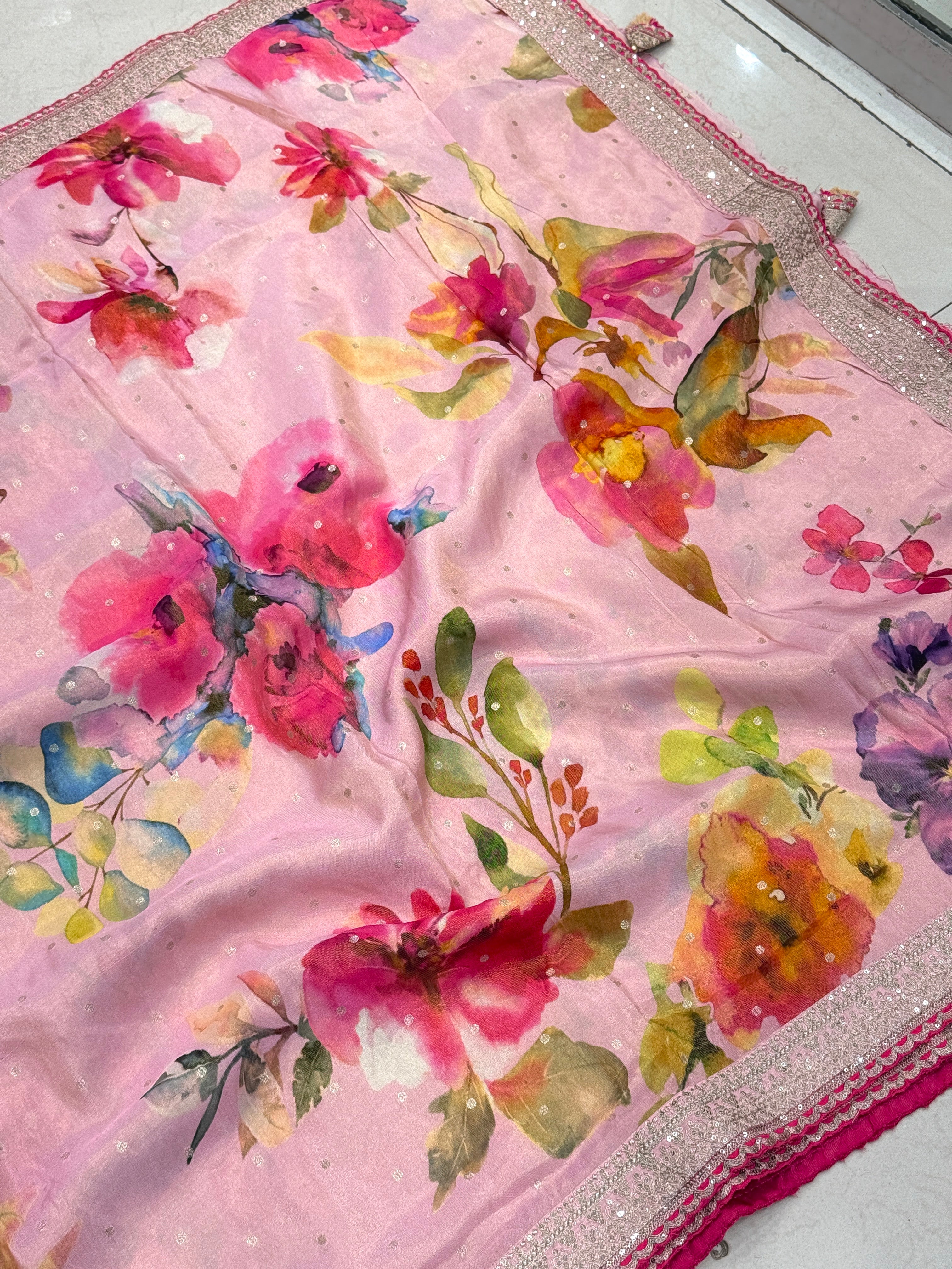 Pink Printed Crepe Tissue Sabyasachi Inspired Border Saree