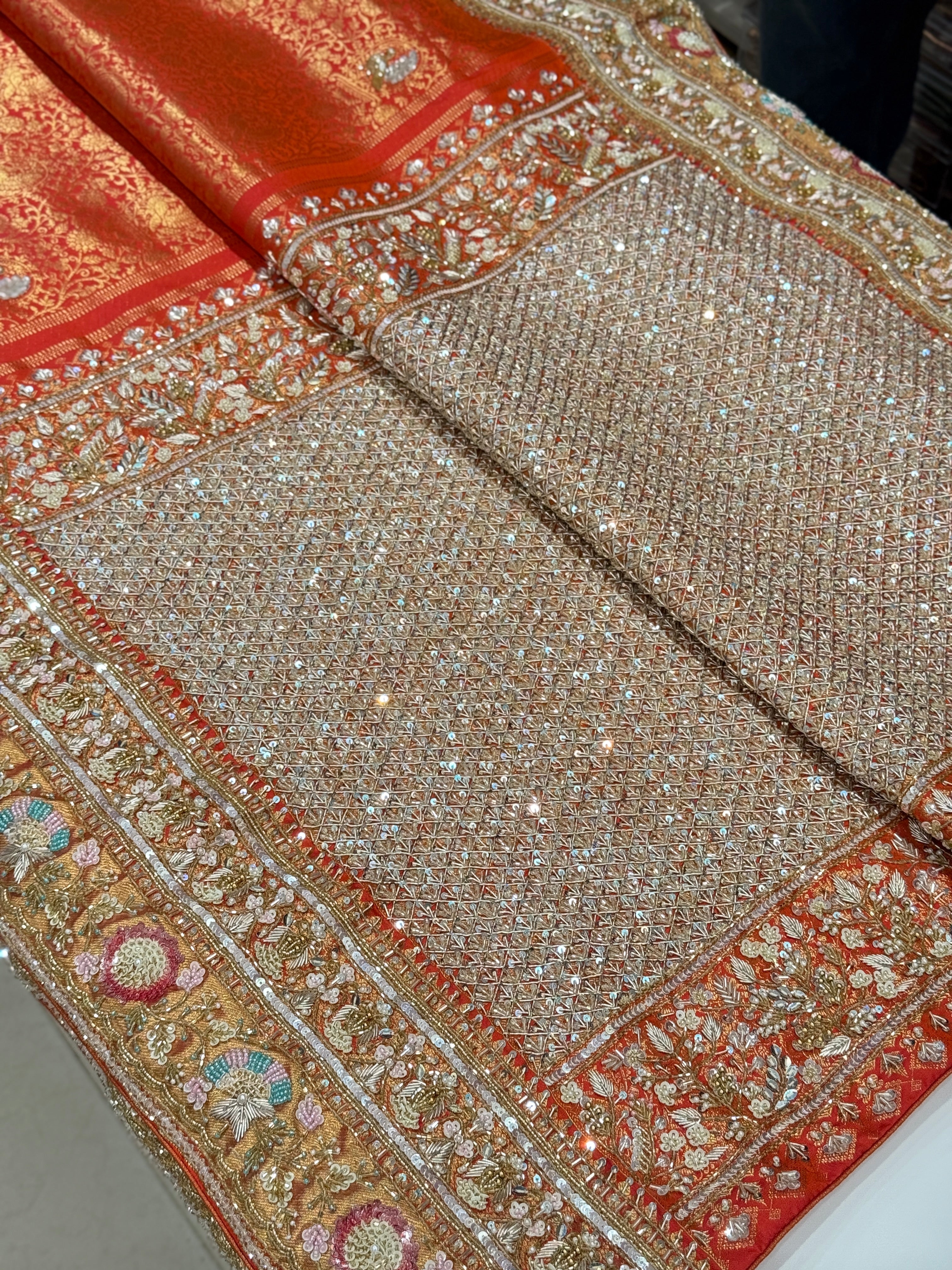 Rust Orange Kanjivaram Hand Embroidery Saree