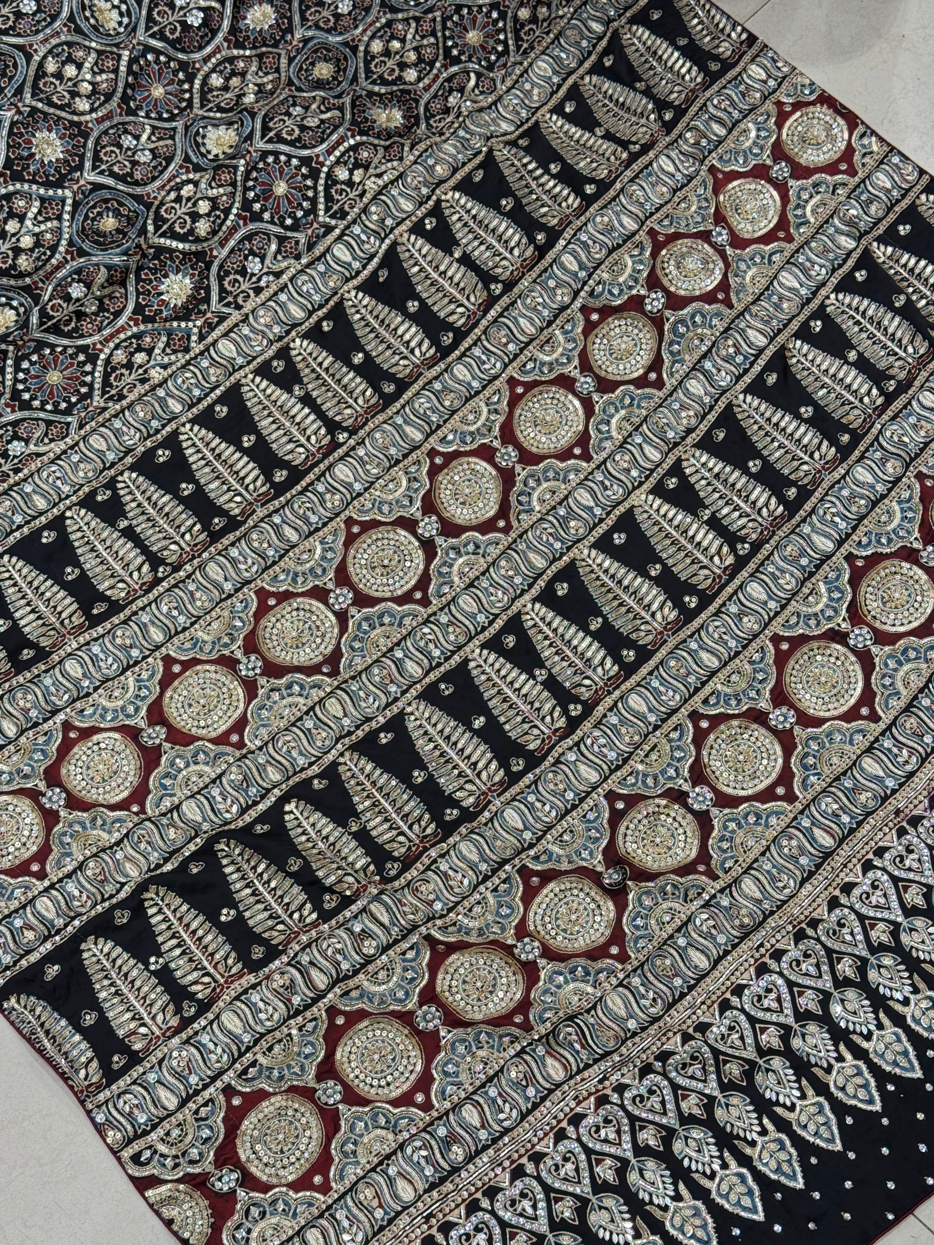 Ajrakh Black Badam Jaal Hand Embroidery Zardosi and Pita Work