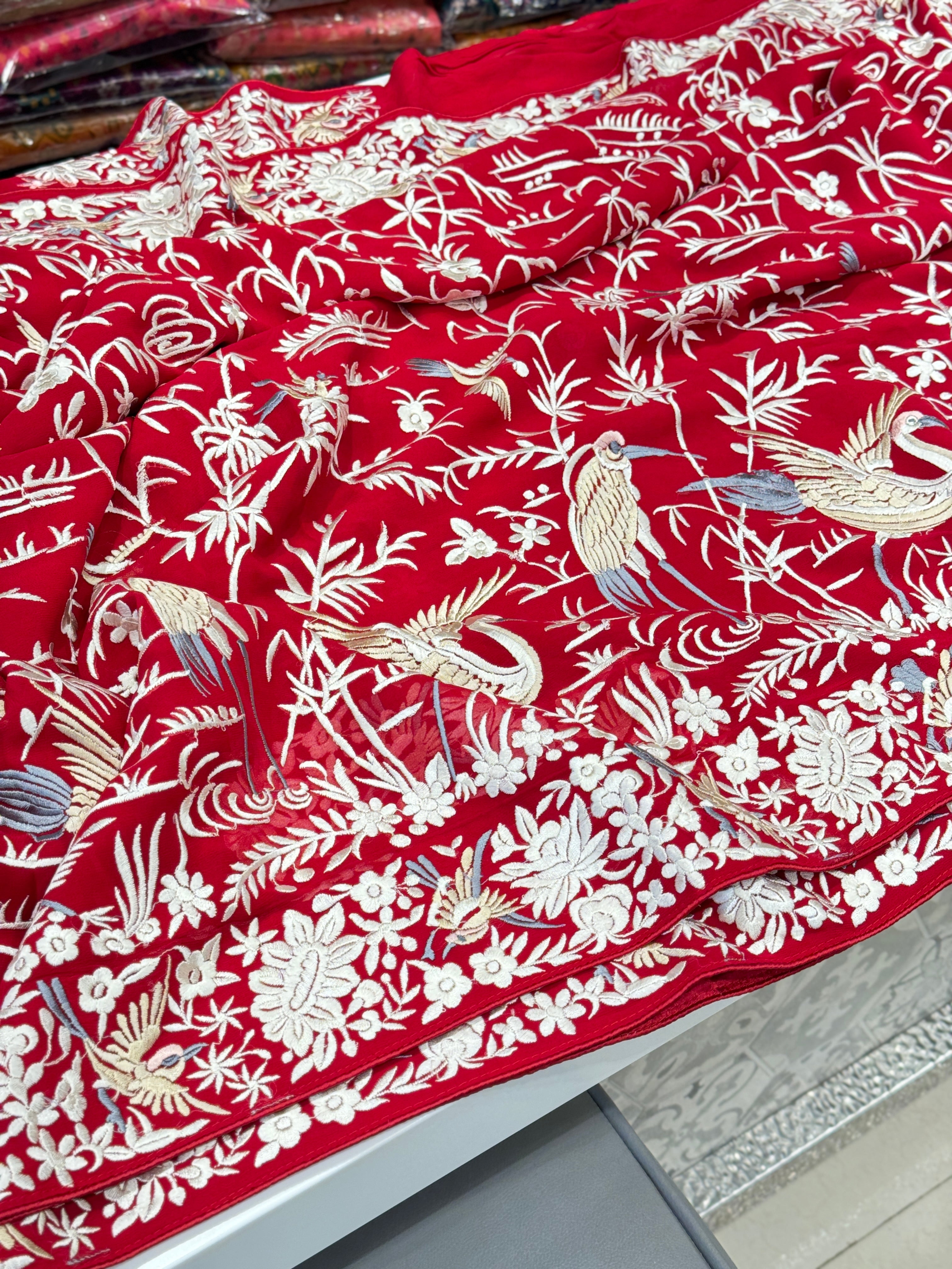 Red Georgette Flying Flamingo Parsi Gara Saree