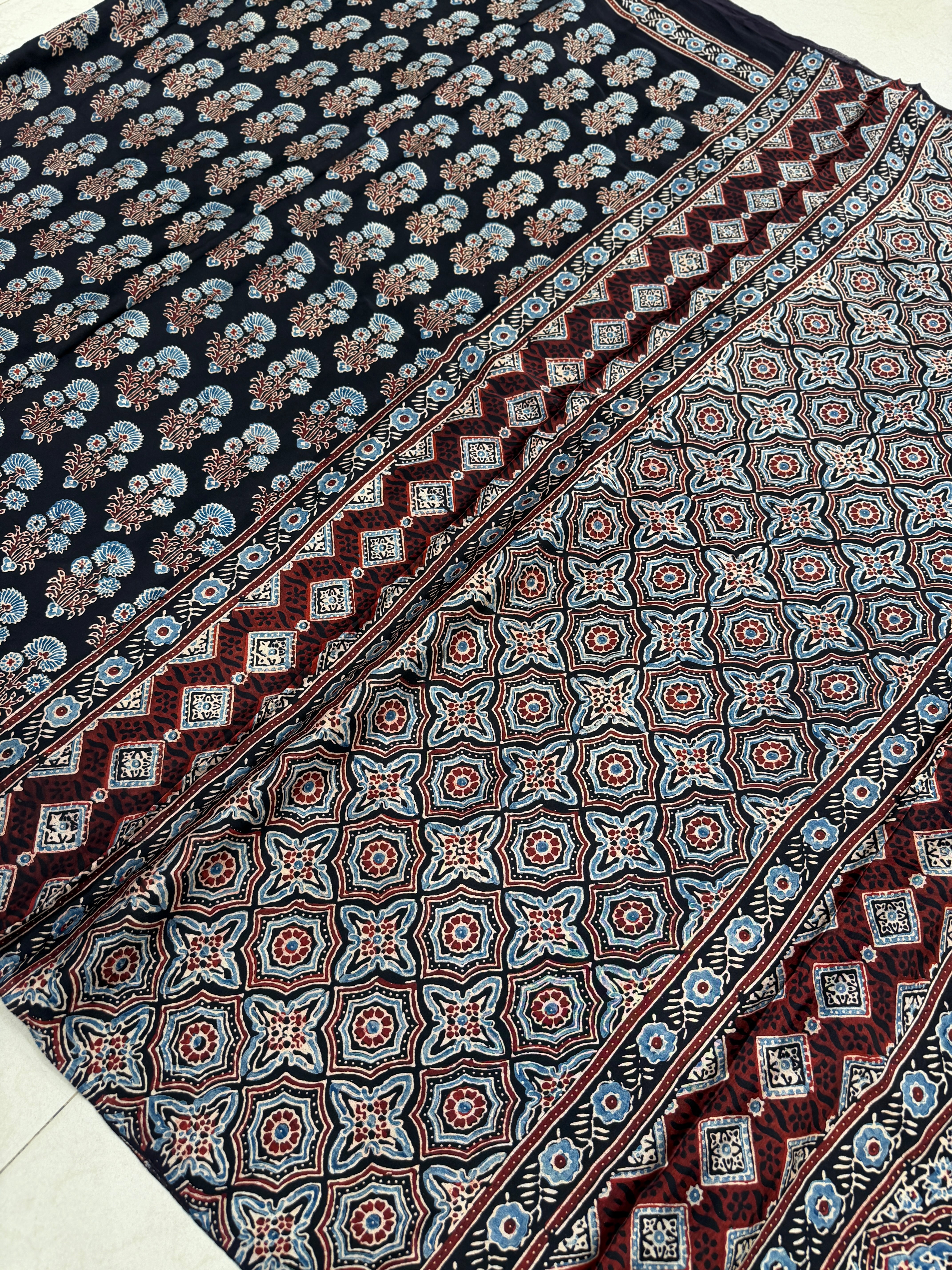 Black Floral Butta Ajrakh Hand Block Print Pure Gajji Silk Saree