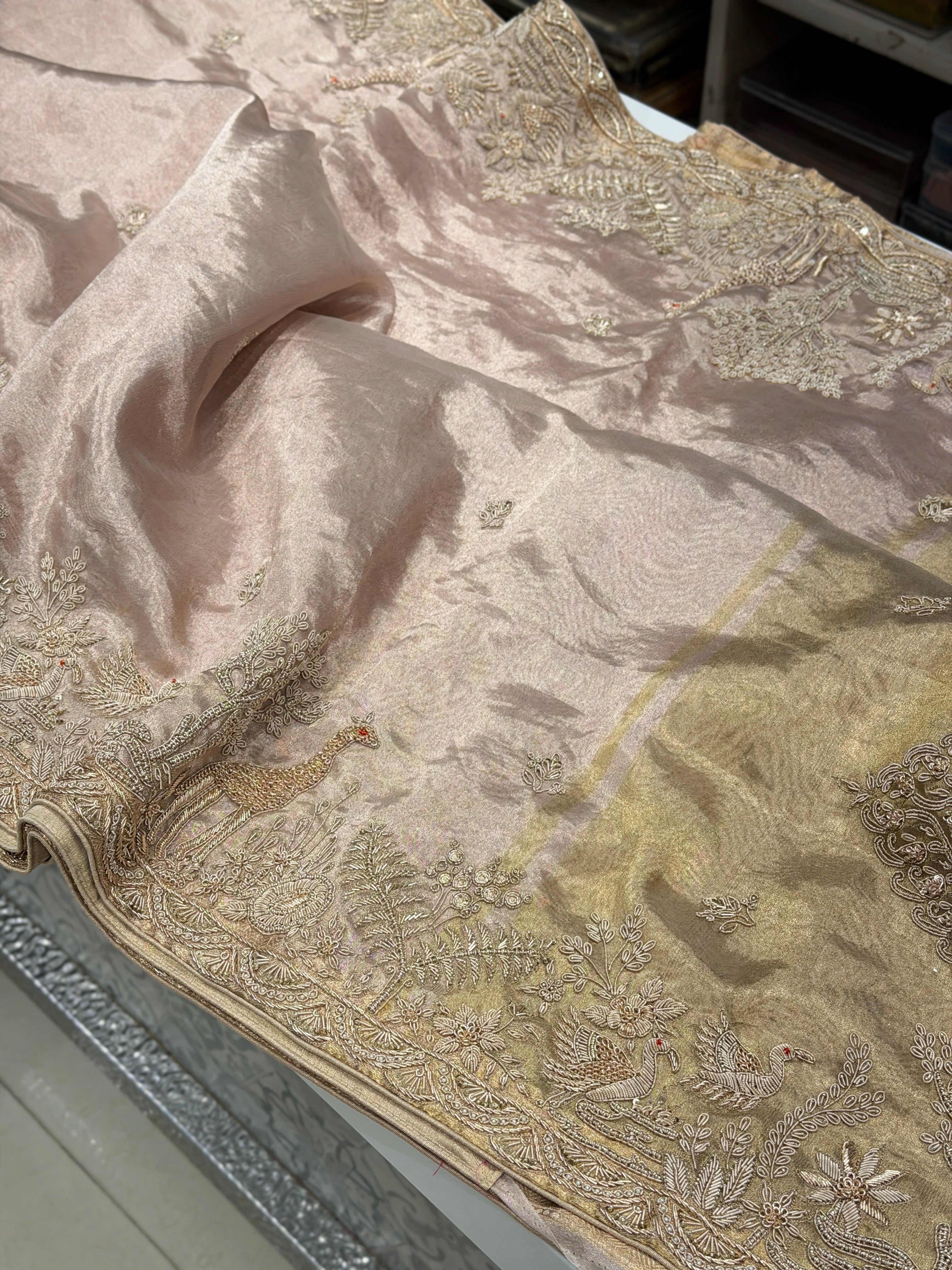 Rose Gold Tissue Parsi Style Zardosi Hand Embroidery Saree