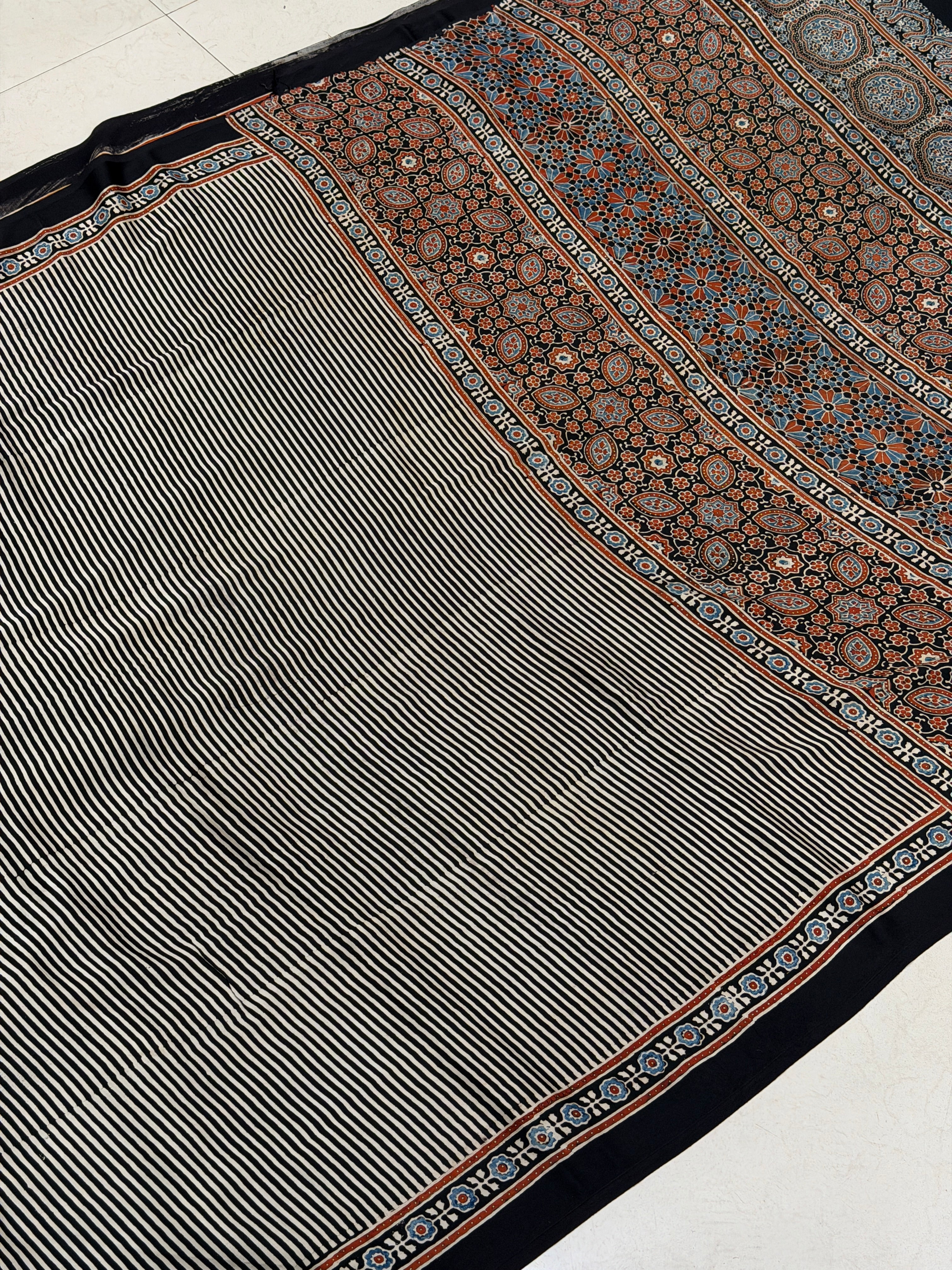 White Black Lines Ajrakh Hand Block Print Pure Modal Silk Saree