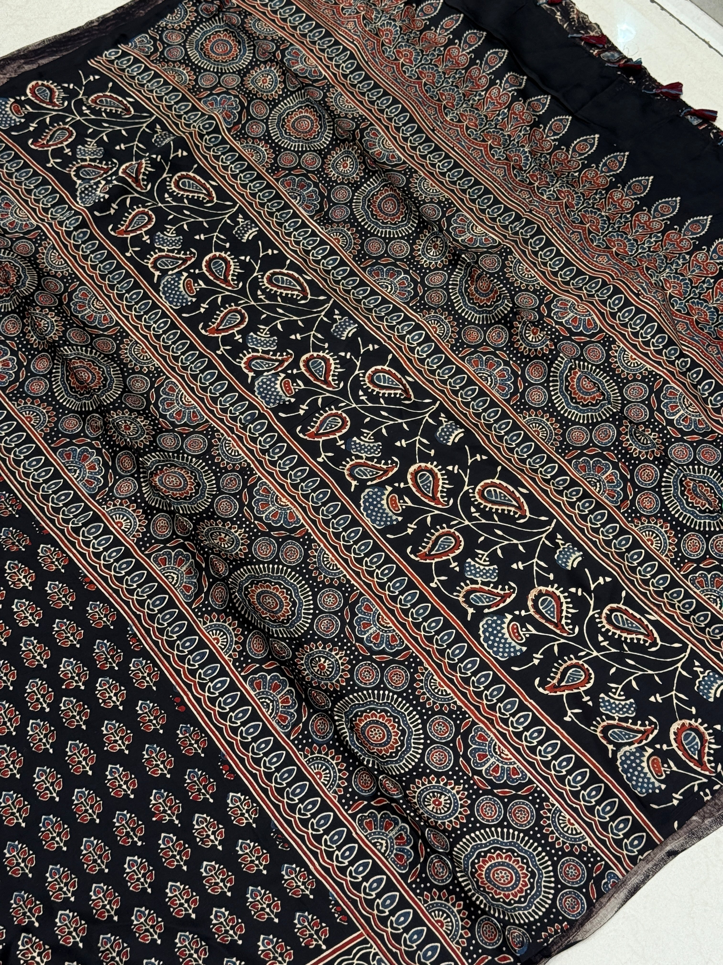 Black Keri Buttis Ajrakh Block Print Hand Pure Gajji Silk Saree