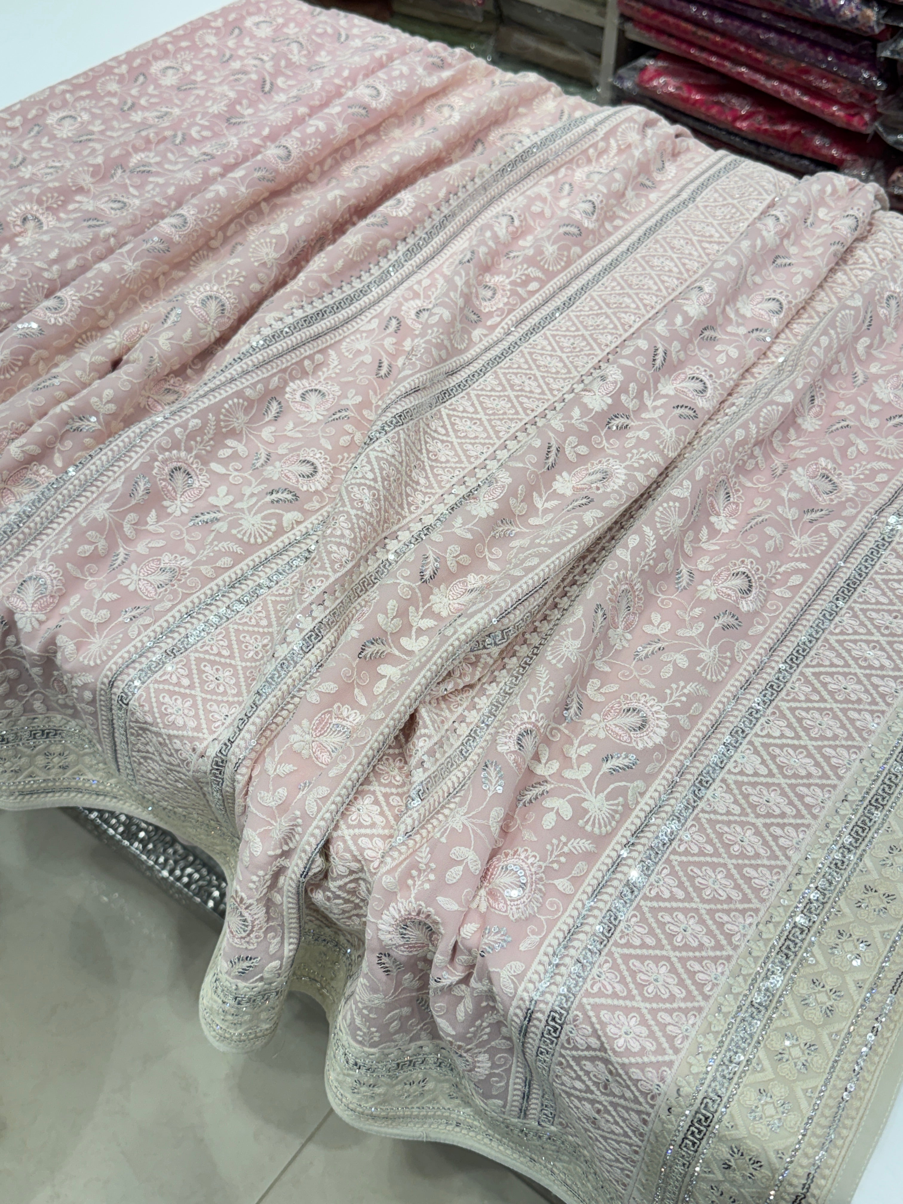 Pink Chikankari Saree Floral Design with Moti Embroidery