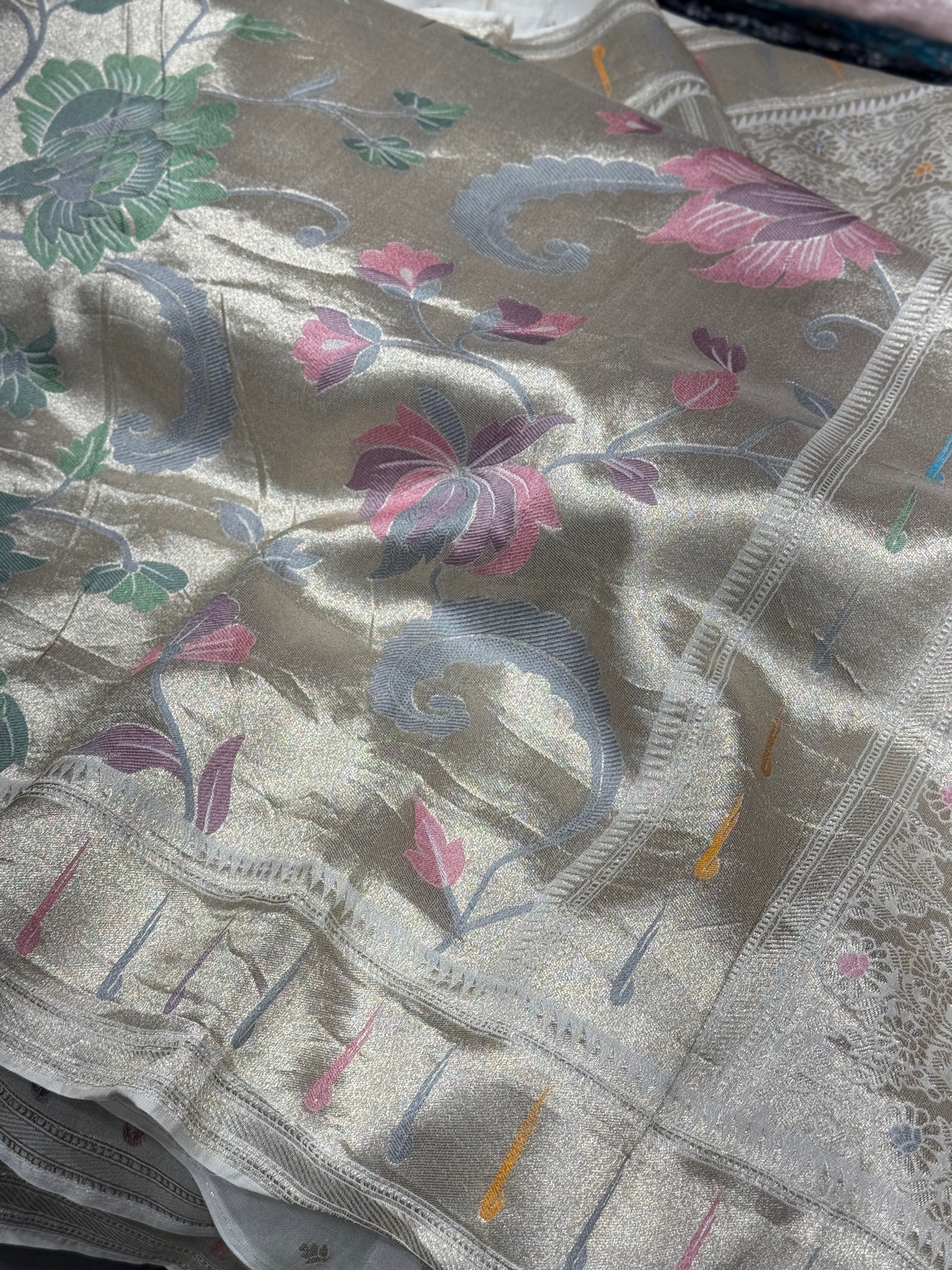 Silver Meenakari Muniya Tissue Munga Banarasi Paithani Saree