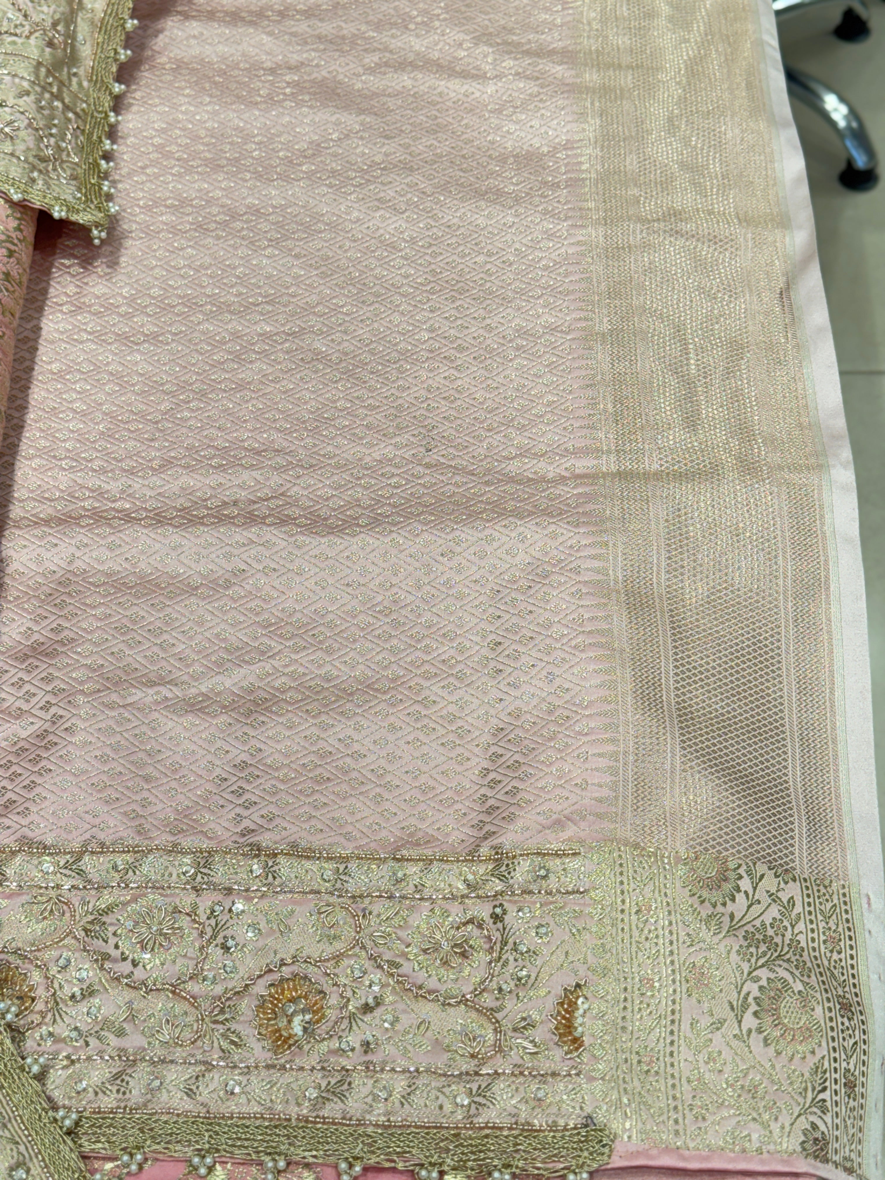 Pastel Pink Banarasi Sequin Zardosi Hand Embroidery Saree