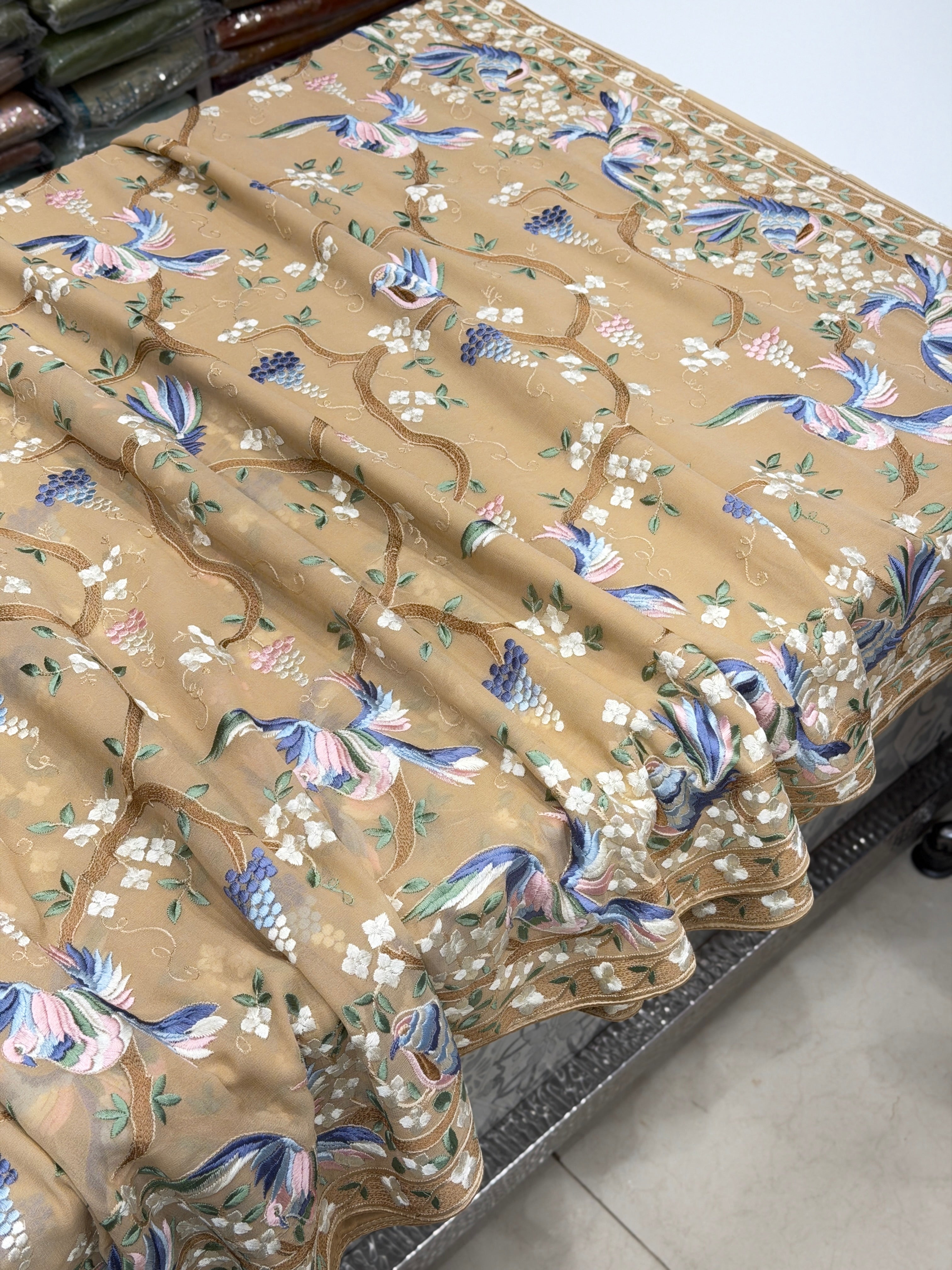 Beige Georgette Chakla Chakli Embroidery Parsi Gara Saree