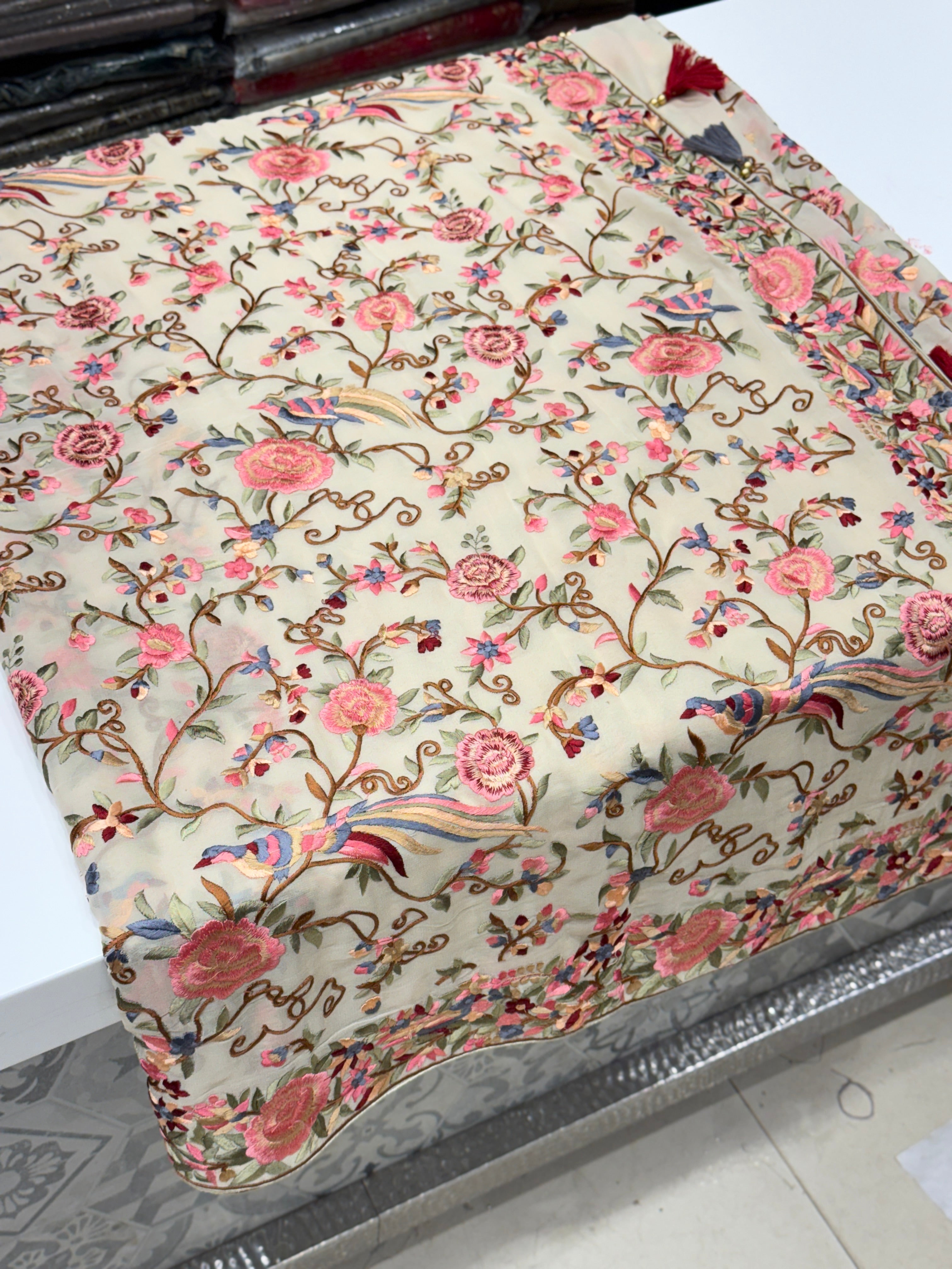 White Georgette Multi Colour Jaal Flamingo Parsi Gara Saree