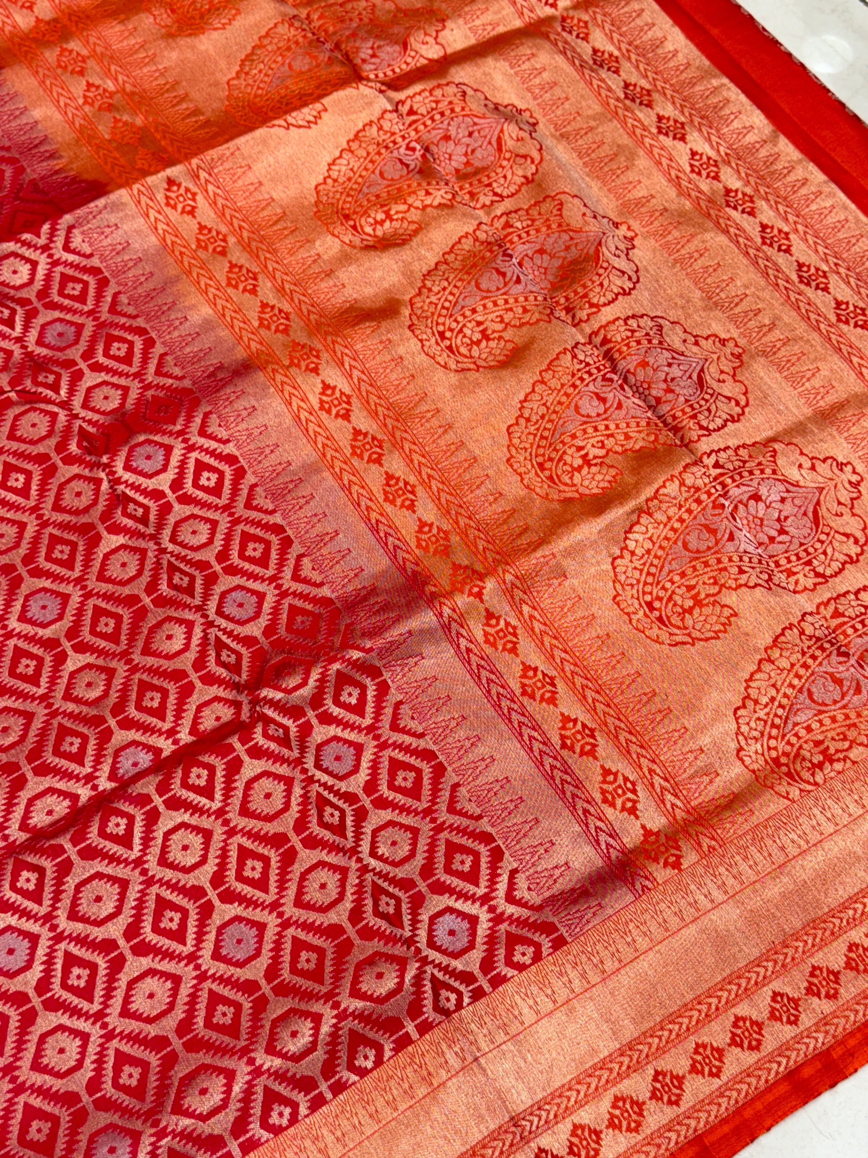 Red Orange Patola Design Inspired Handloom Kanchipuram Pure Silk Saree