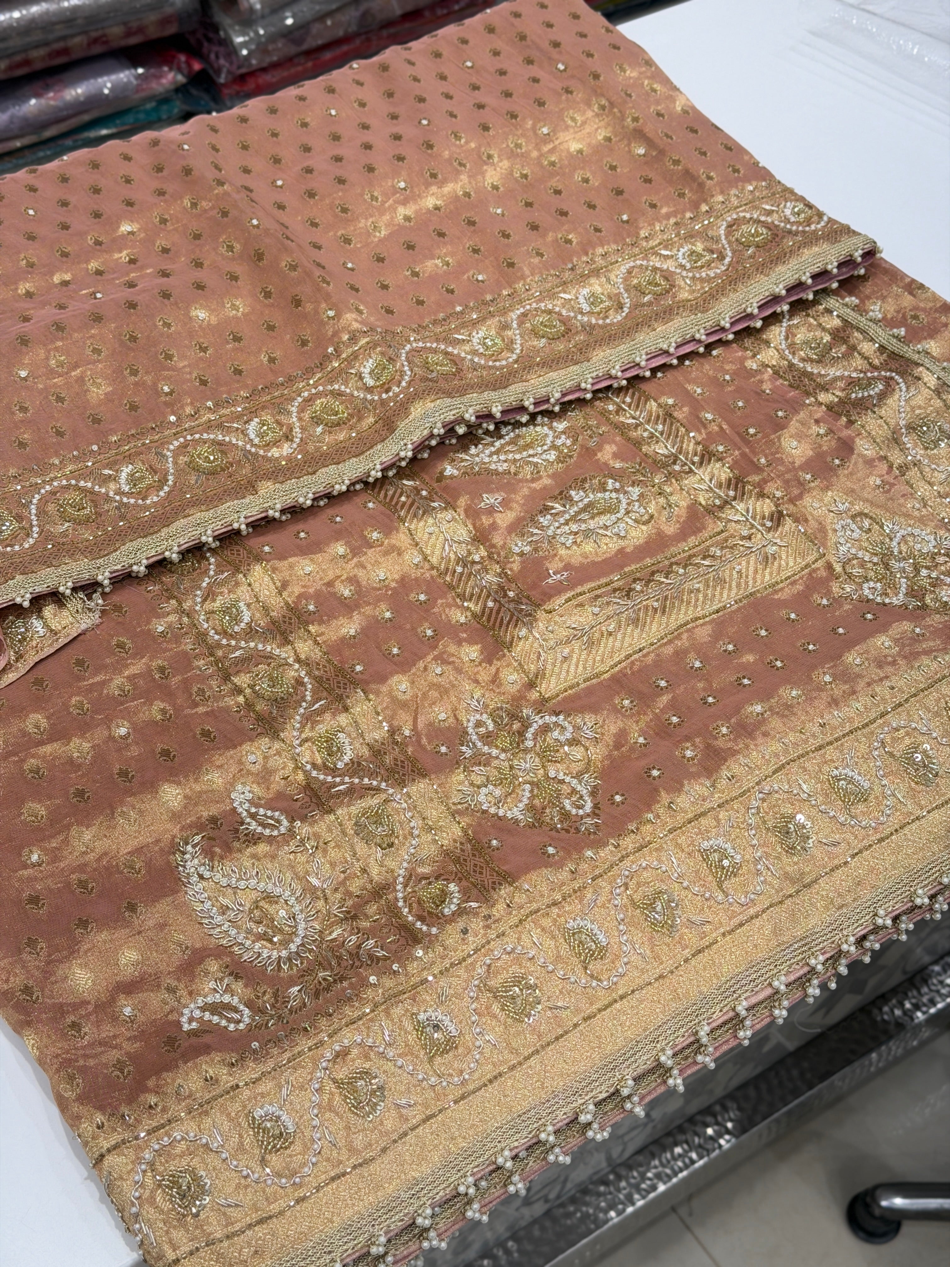Nude Pink Tissue Banarasi Buttis Zardosi Embroidery Saree