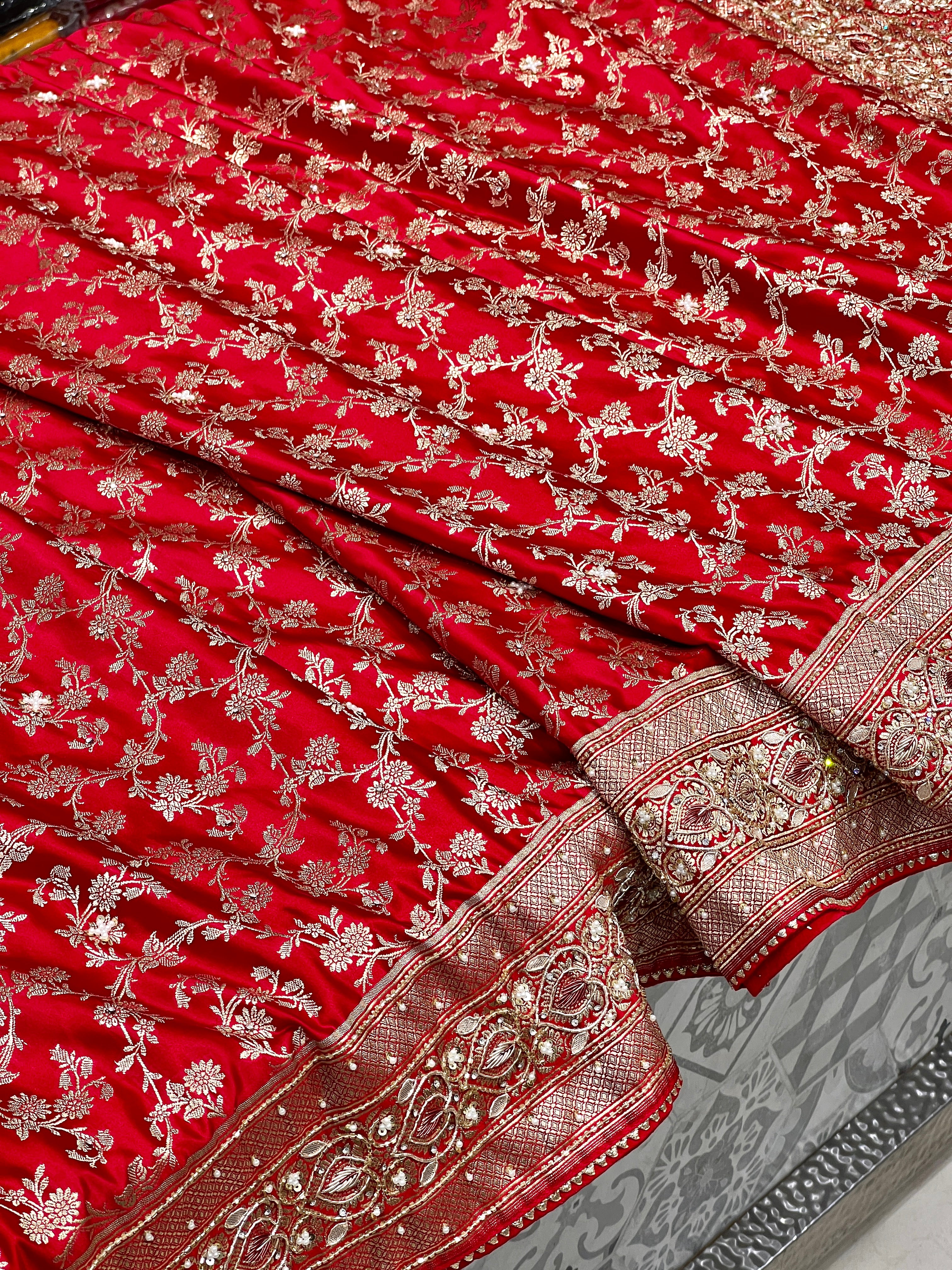 Red Banarasi Silk Jaal Zardosi Hand Embroidery Saree