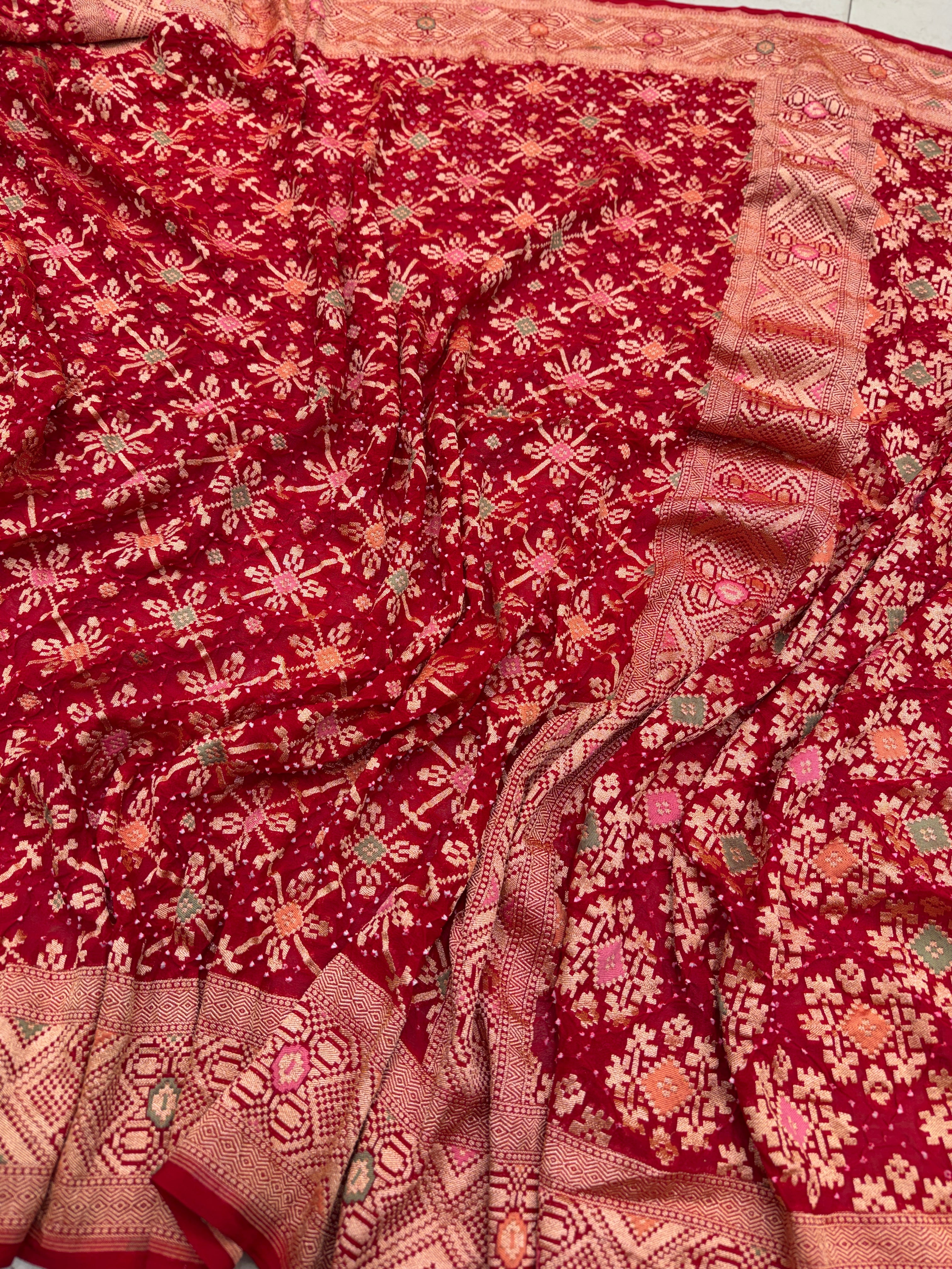 Red Patola Weave Meenakari Georgette Bandhej Saree