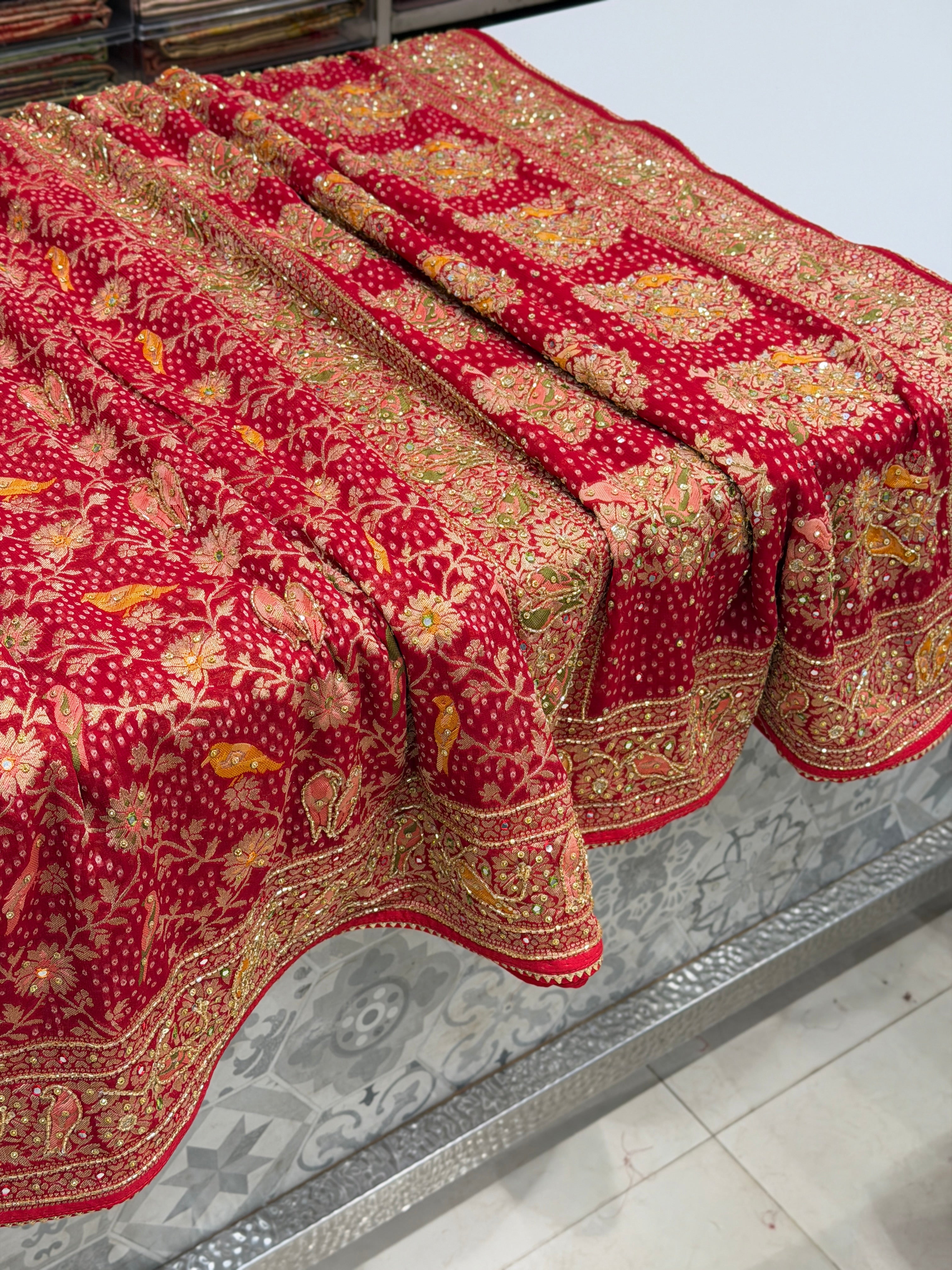 Red Woven Bandhej Banarasi Khaddi Georgette Parrot Motif Hand Embroidery Saree