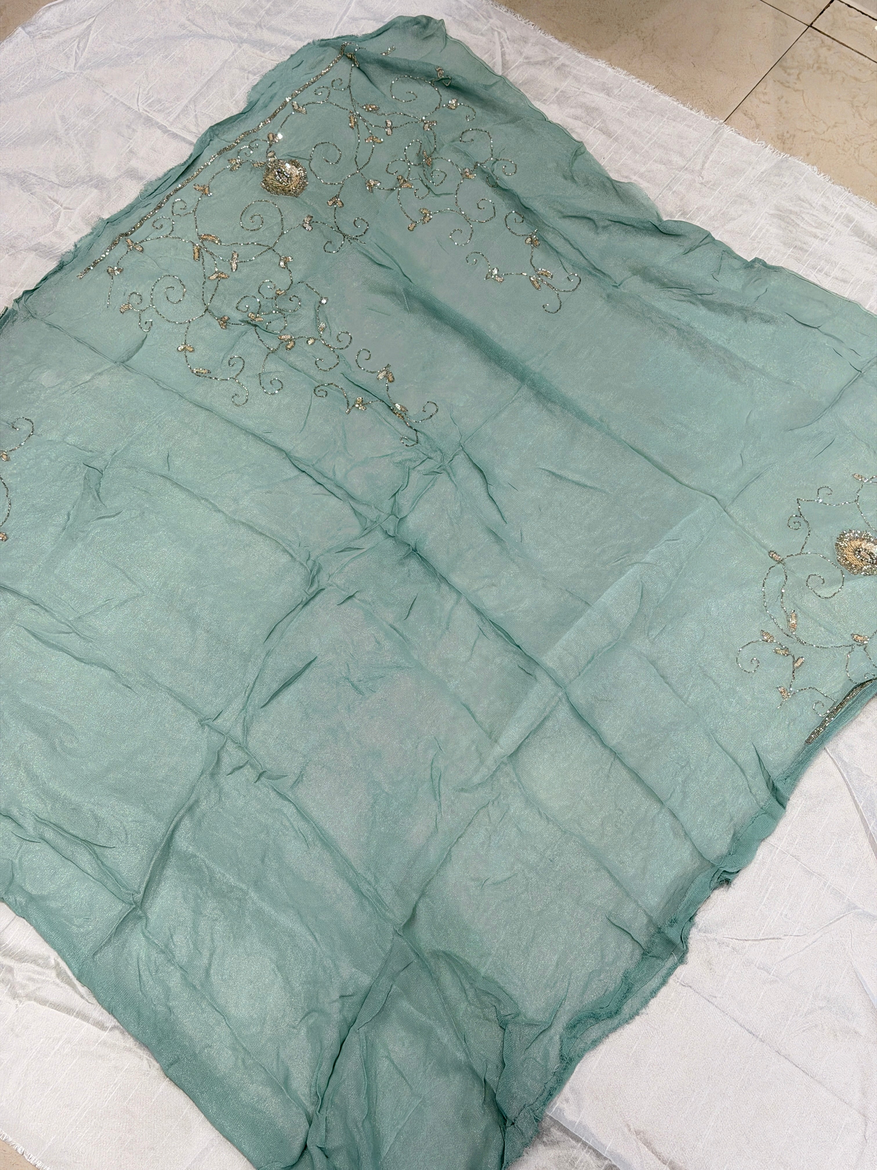 Teal Tissue Chiffon Hand Embroidery Blouse Piece