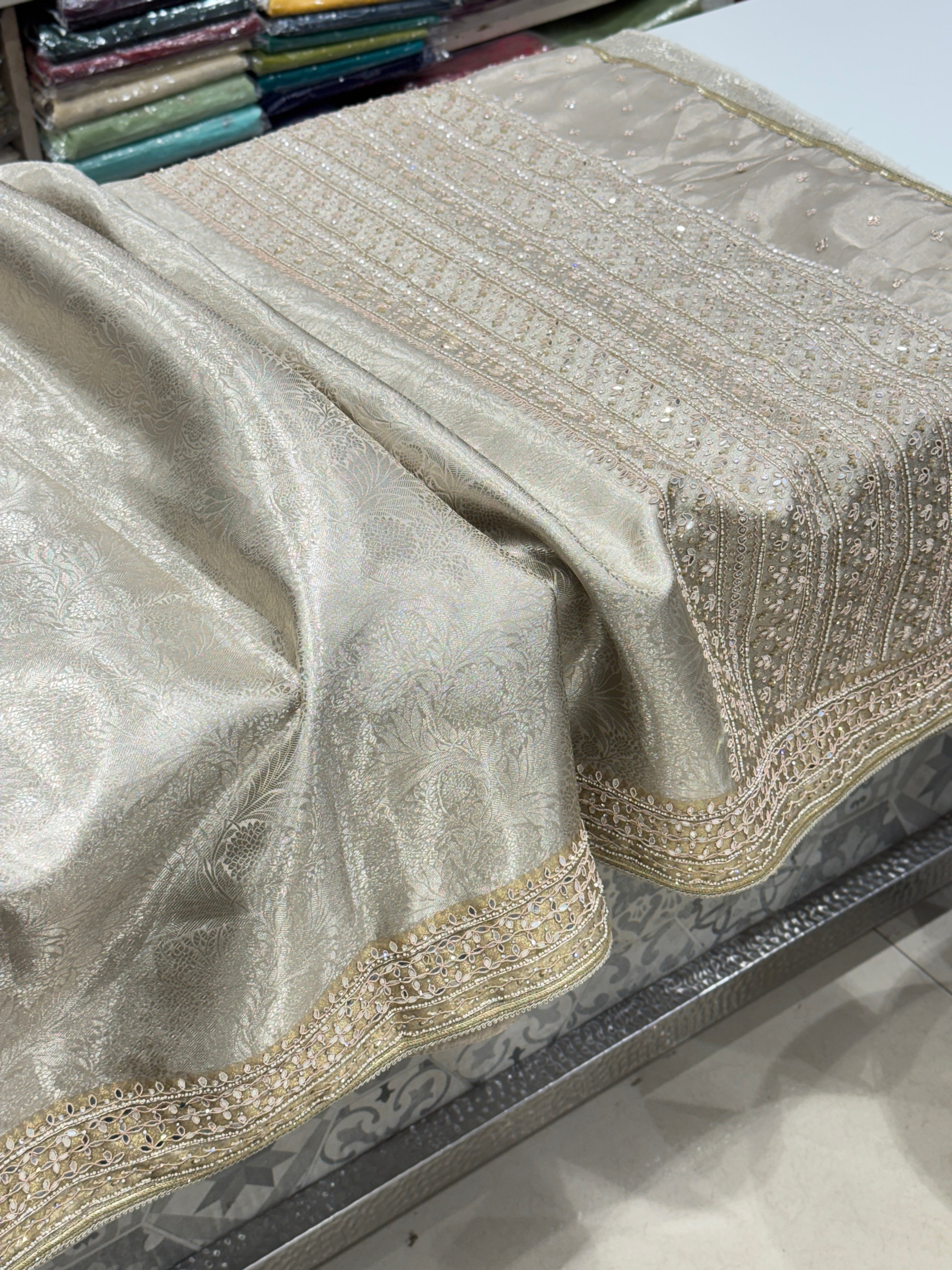 Silver Tissue Kanjivaram Hand Embroidery Saree