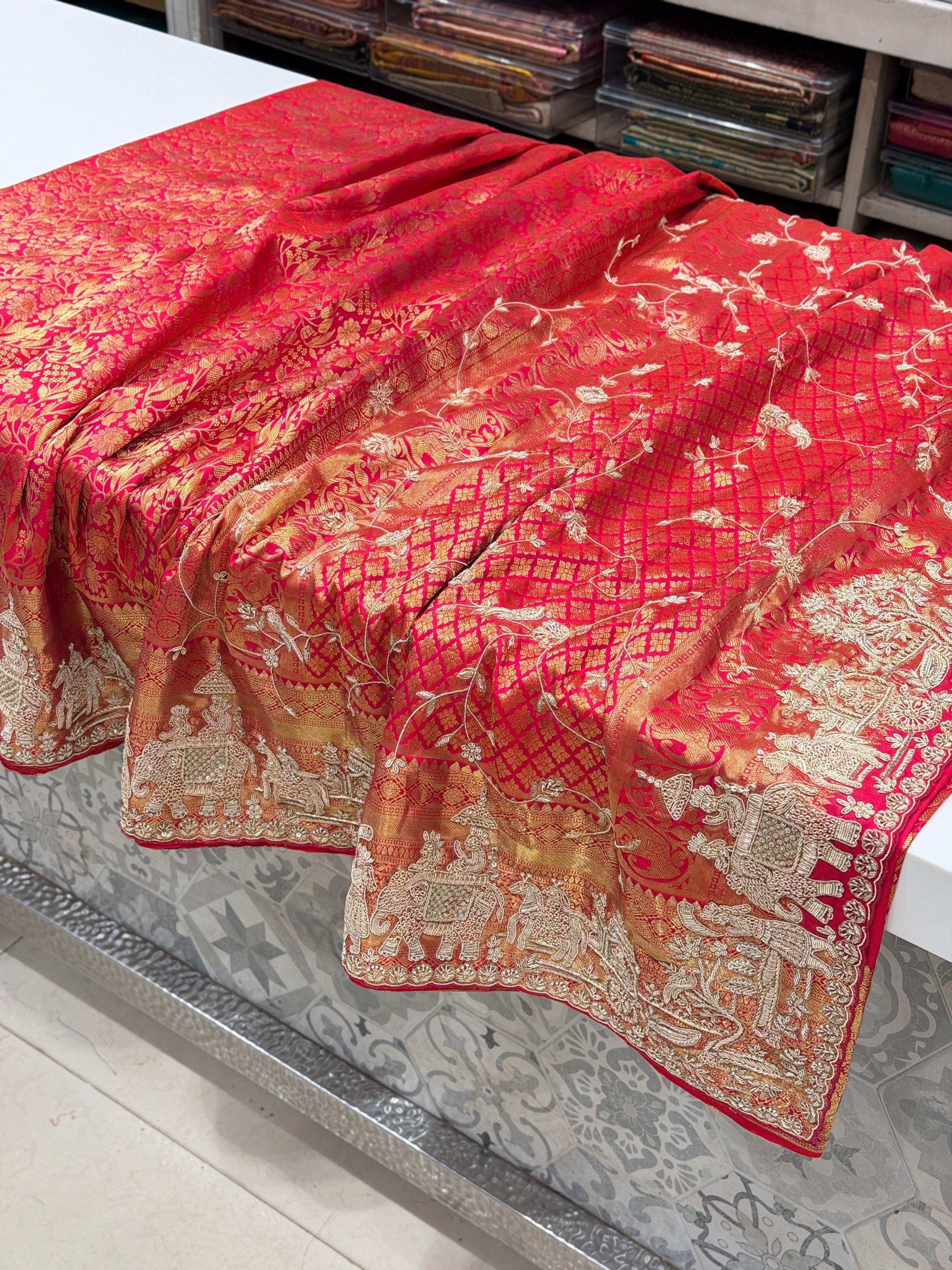 Rani Pink Kanjivaram Doli Edit Zardosi Hand Embroidery Zardosi Saree